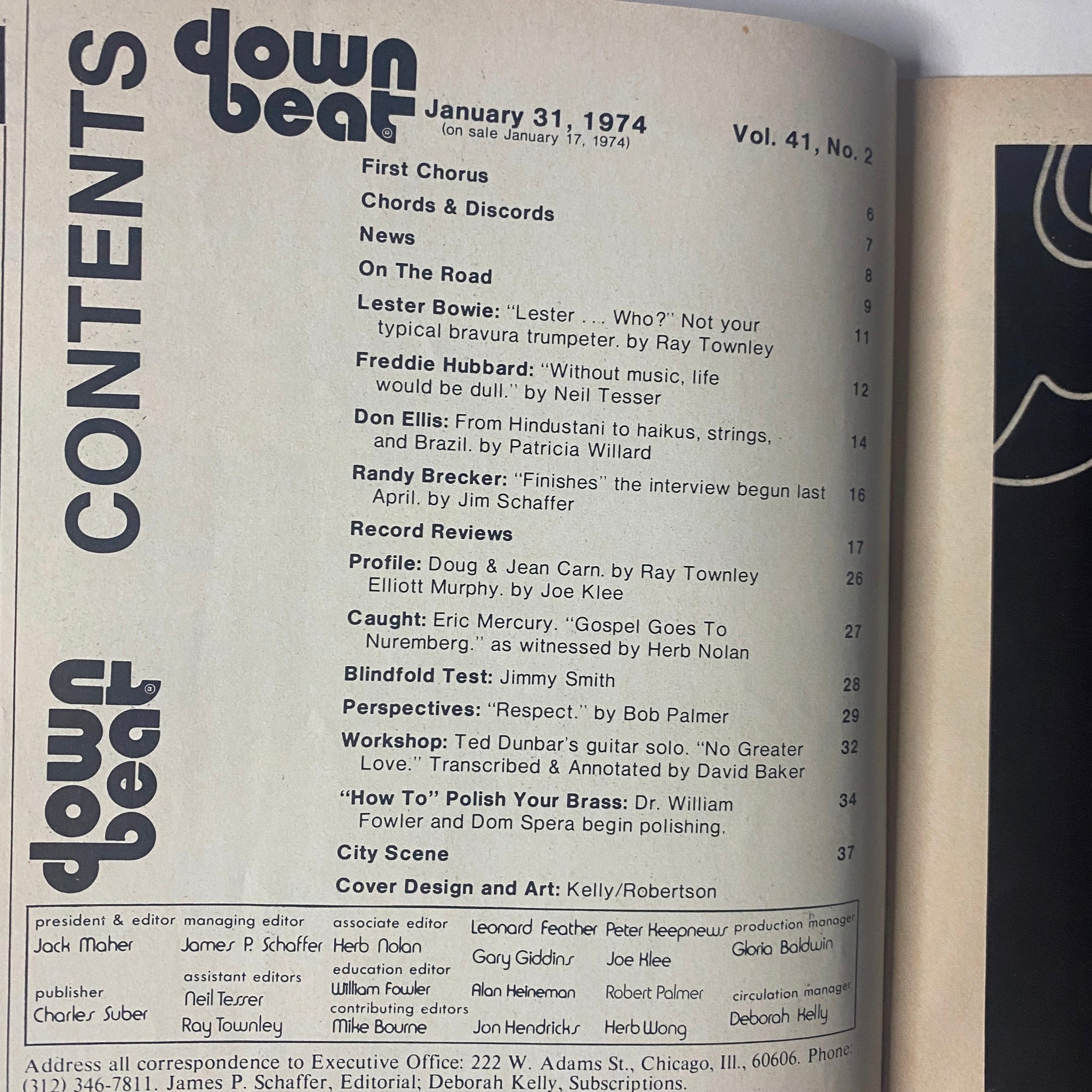 Table of contents page from Down Beat Magazine January 31, 1974, Vol. 41 No. 2, detailing articles and features including interviews and profiles of jazz artists.