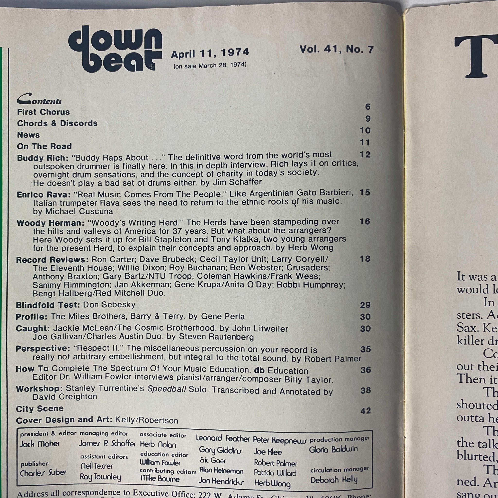 Table of contents for Down Beat Magazine April 11, 1974 Vol. 41 No. 7 detailing articles including Buddy Rich's interview, Enrico Rava's insights, and various music reviews.