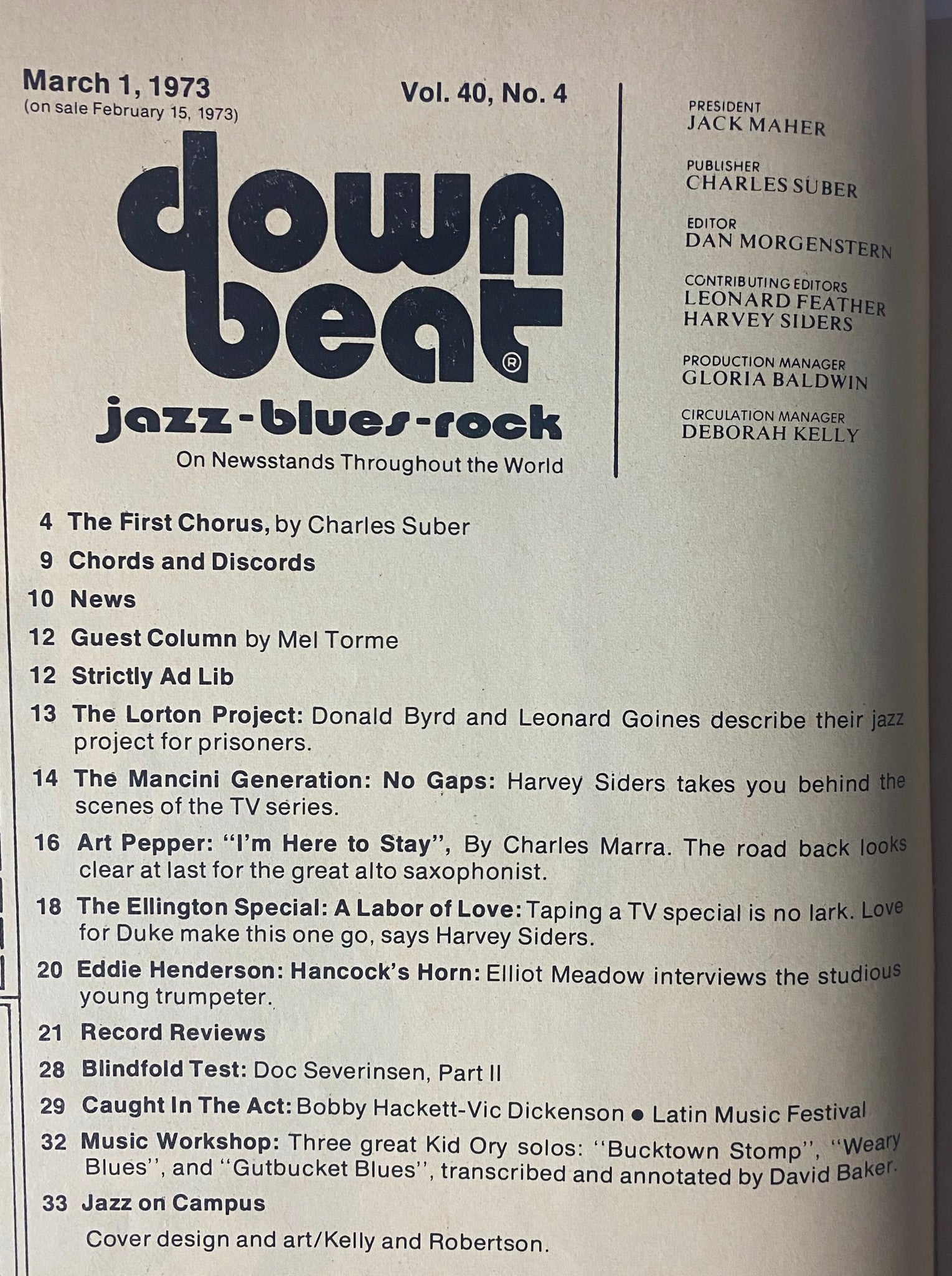 Table of Contents from Down Beat Magazine March 1, 1973, Vol. 40 No. 4. Highlights include articles on Duke Ellington and Donald Byrd, showcasing an overview of jazz features.