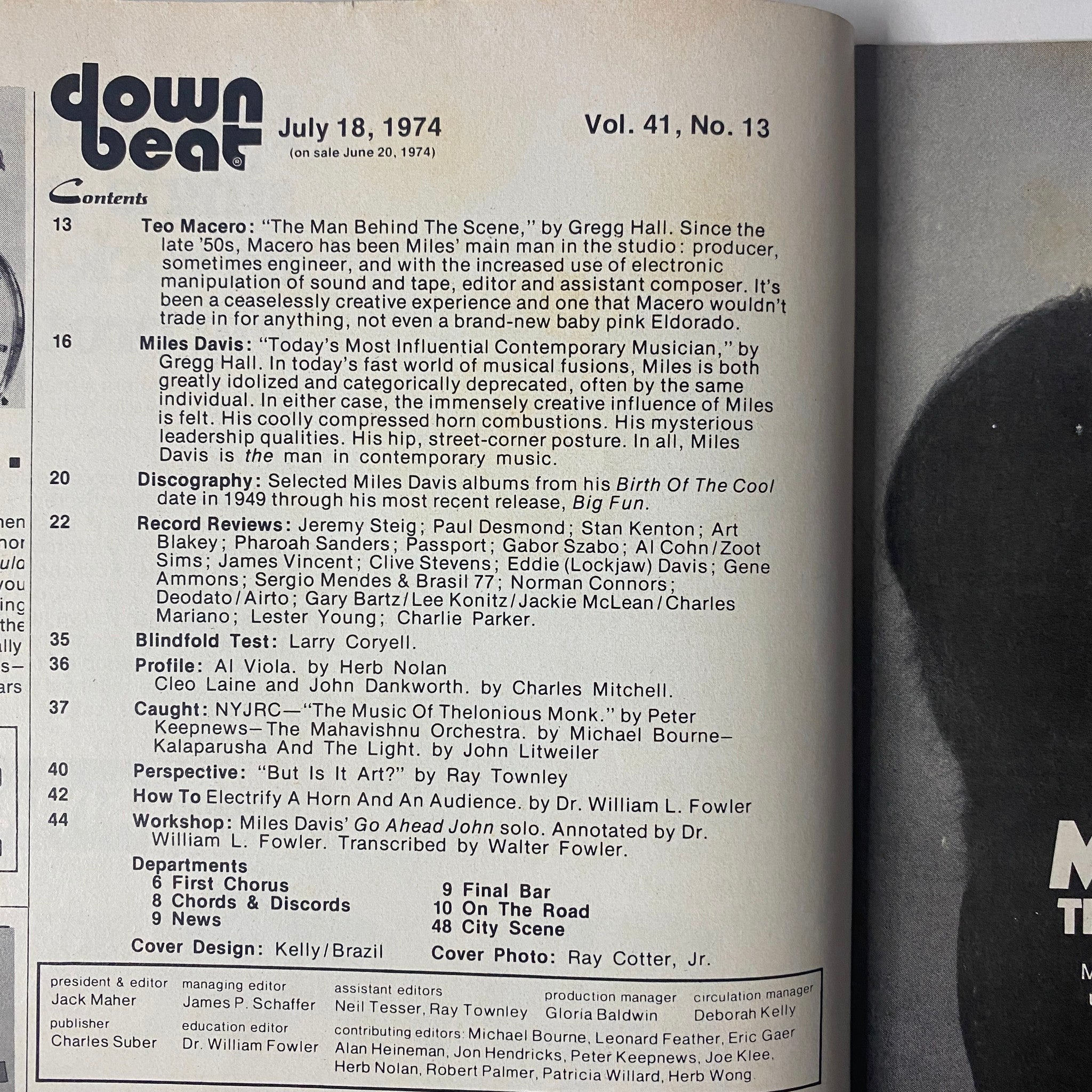 Down Beat Magazine July 18, 1974, Vol 41 No. 13. Features the table of contents including highlights such as 'Teo Macero: The Man Behind The Scene' and 'Miles Davis: Today’s Most Influential Contemporary Musician'. Cover design by Kelly/Brazil with photography by Ray Cotter Jr.