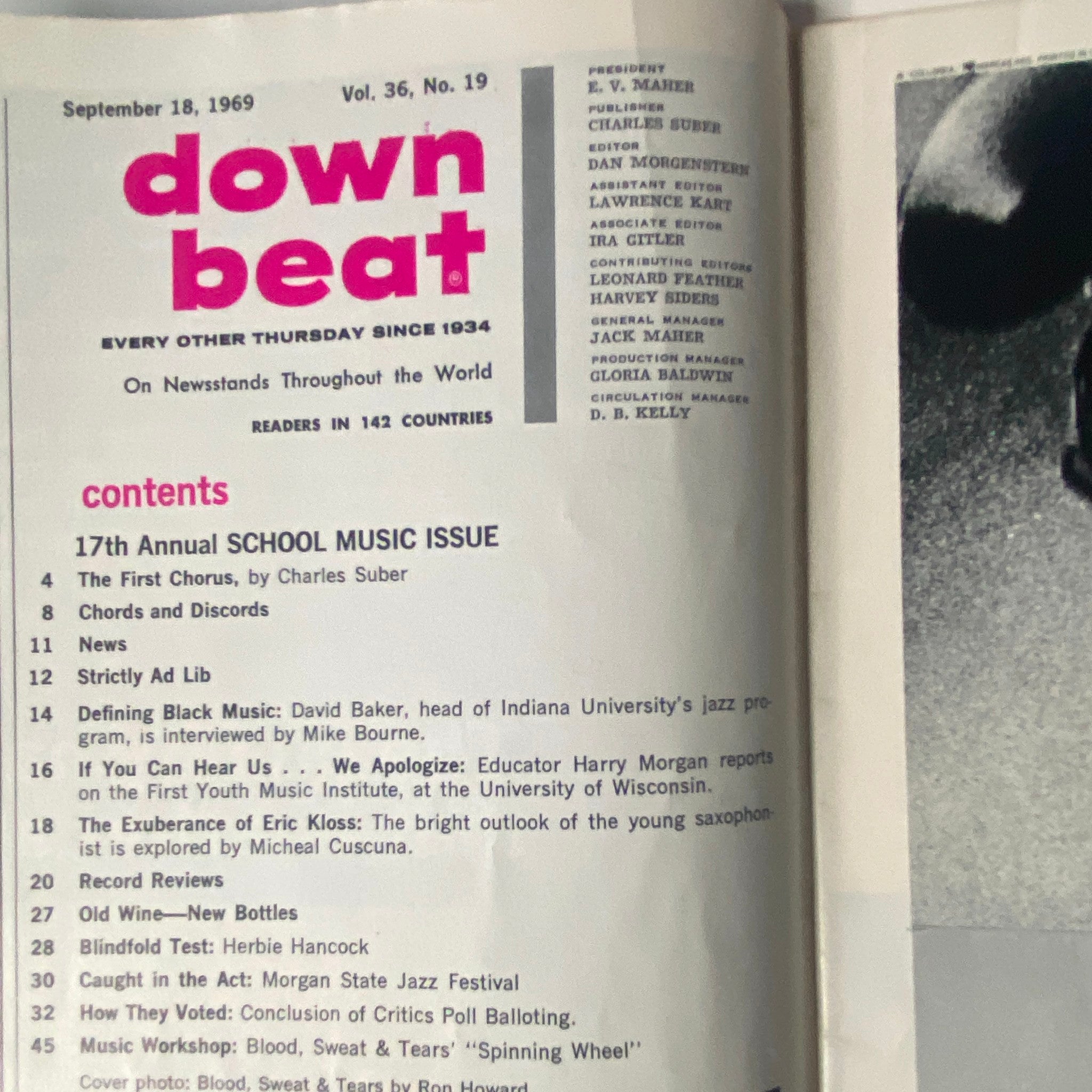Table of Contents from Down Beat Magazine September 18, 1969, Vol. 36, No. 19, listing articles including 'Defining Black Music' and a profile on saxophonist Eric Kloss, as well as features on Blood, Sweat & Tears.