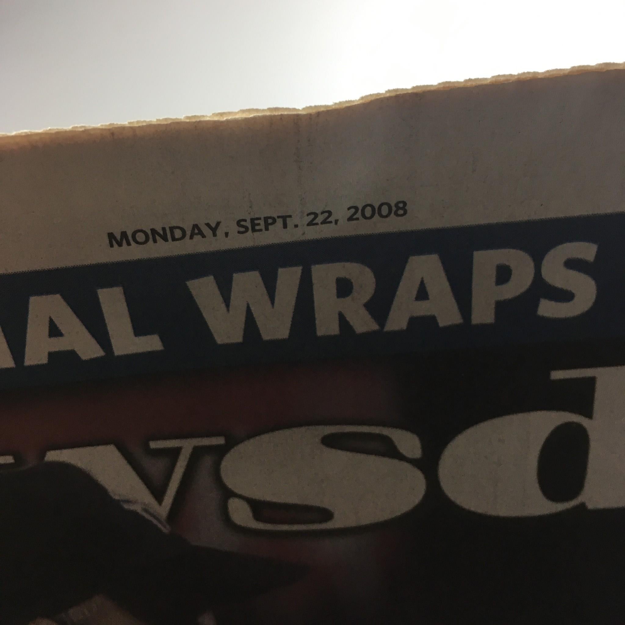 Close-up of the Newsday newspaper header dated 'Monday, Sept. 22, 2008', related to 'Newsday: Sept 22 2008 Yankee Stadium 1923-2008 It's Really Over'.