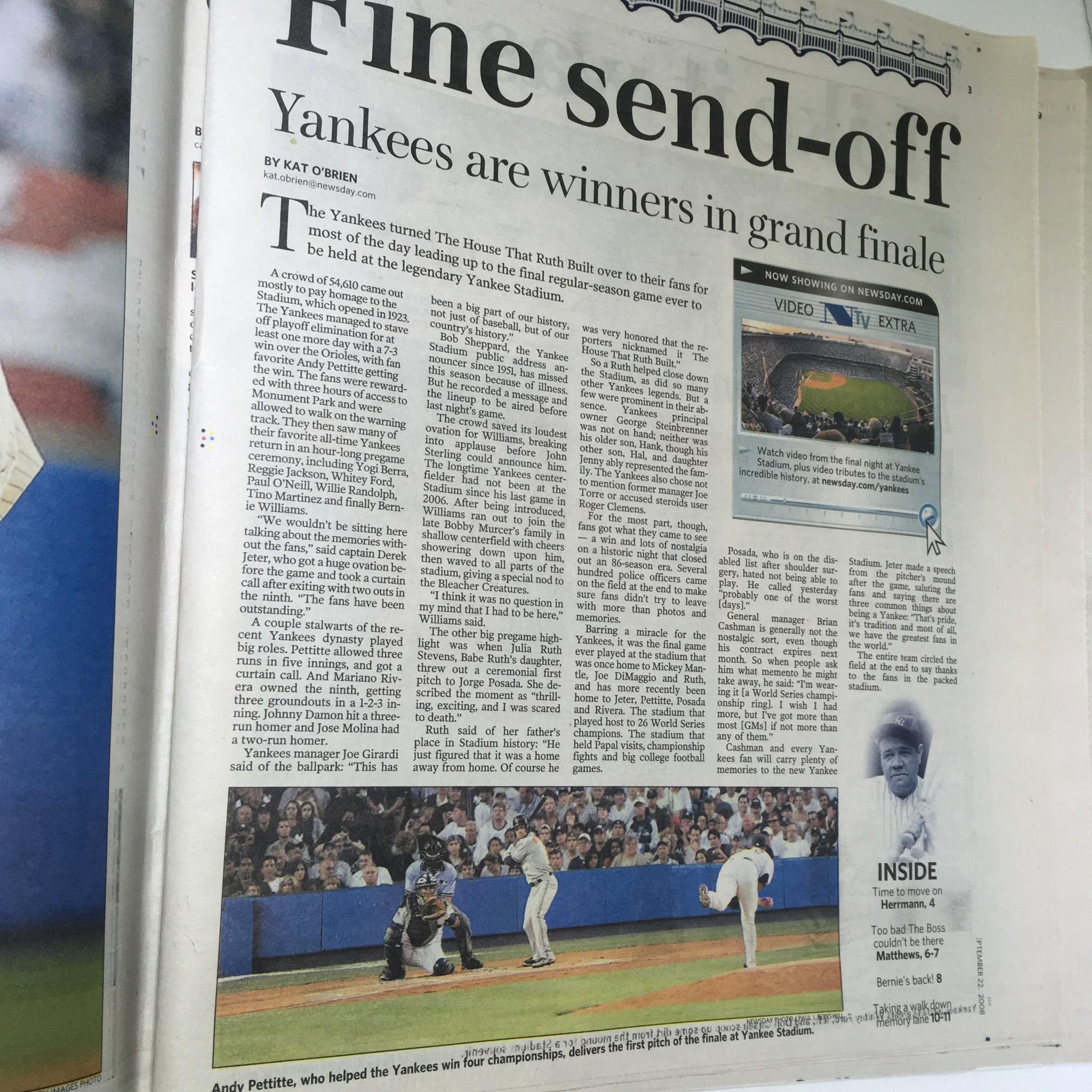 Article titled 'Fine send-off' celebrating the New York Yankees’ final game, featured in Newsday: Sept 22 2008 Yankee Stadium 1923-2008 It's Really Over.