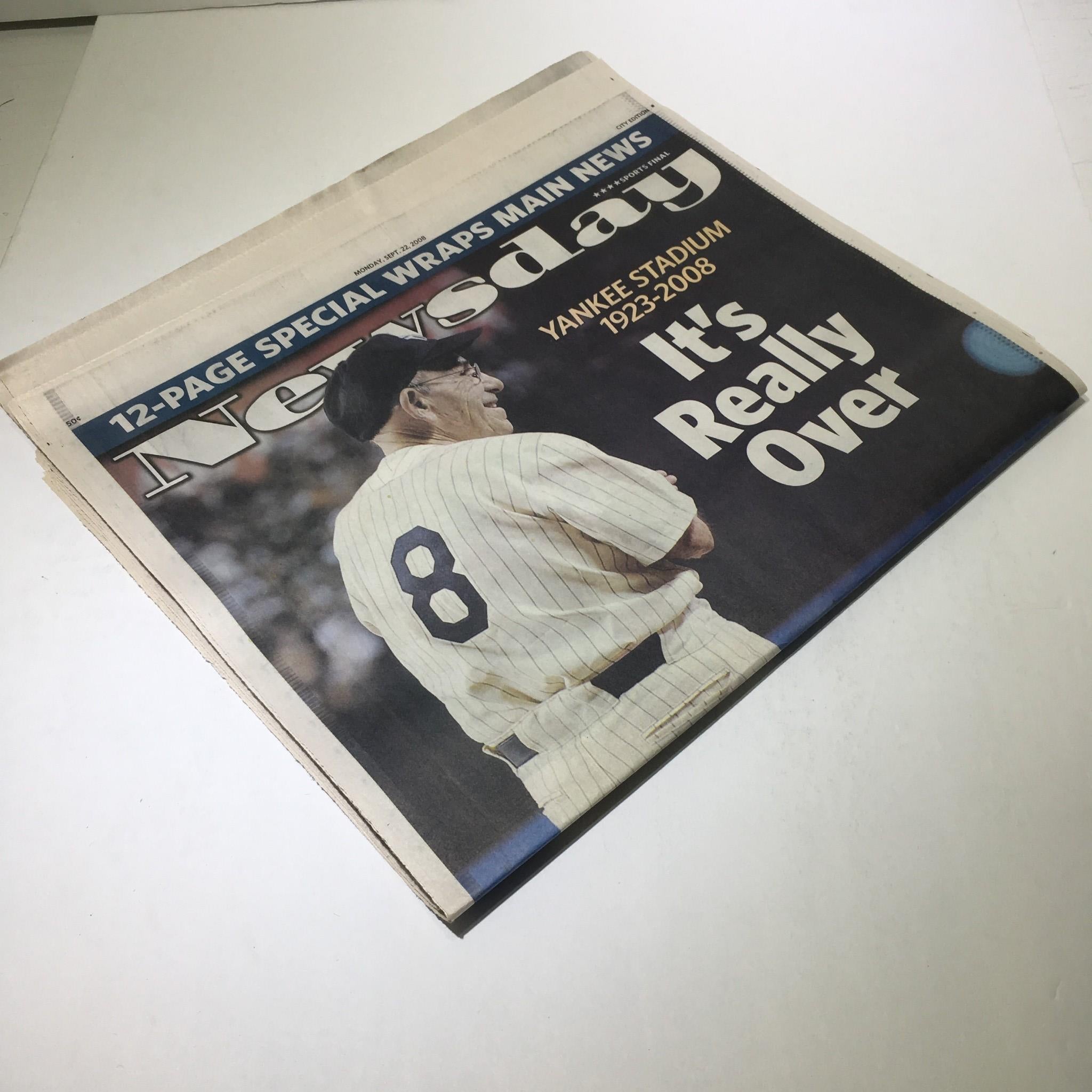 Cover of Newsday newspaper from Sept 22 2008 commemorating the end of an era at Yankee Stadium with the title 'It's Really Over'.