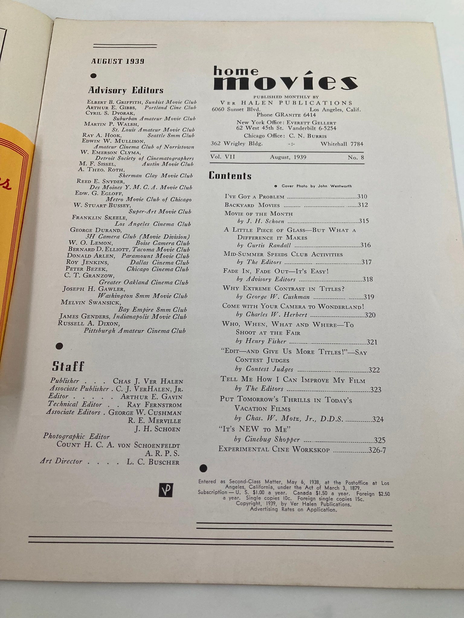 VTG Home Movies Magazine August 1939 A Little Piece of Glass No Label