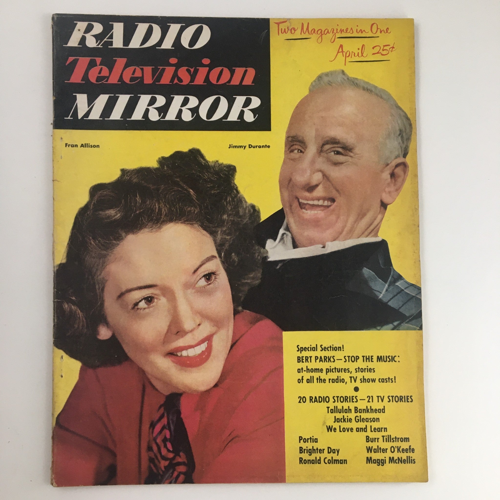 Cover of Radio TV Mirror Magazine April 1951 featuring Fran Allison and Jimmy Durante, showcasing vintage television history.