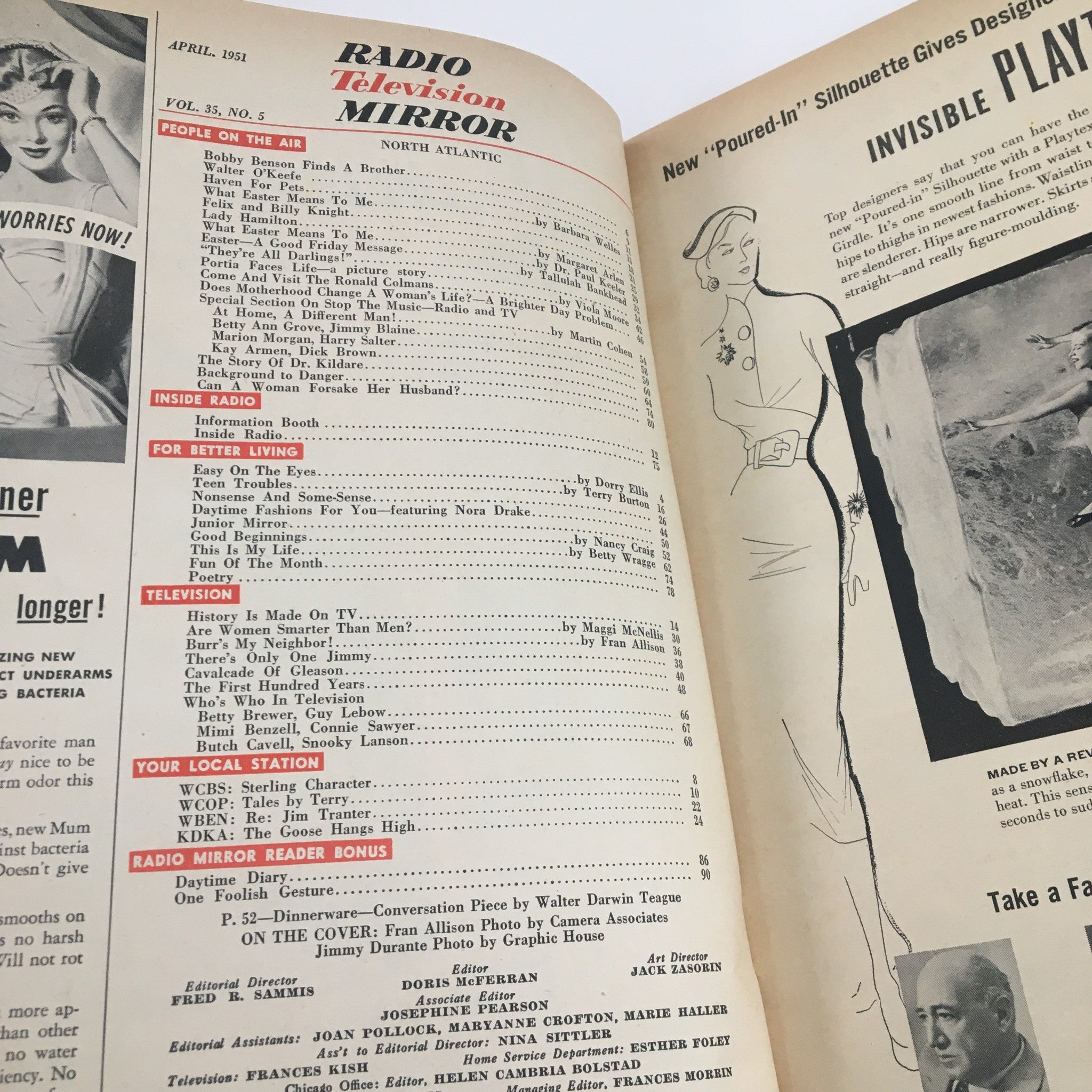 Inside page of Radio TV Mirror Magazine April 1951 displaying the table of contents and features from the era of classic radio and television.