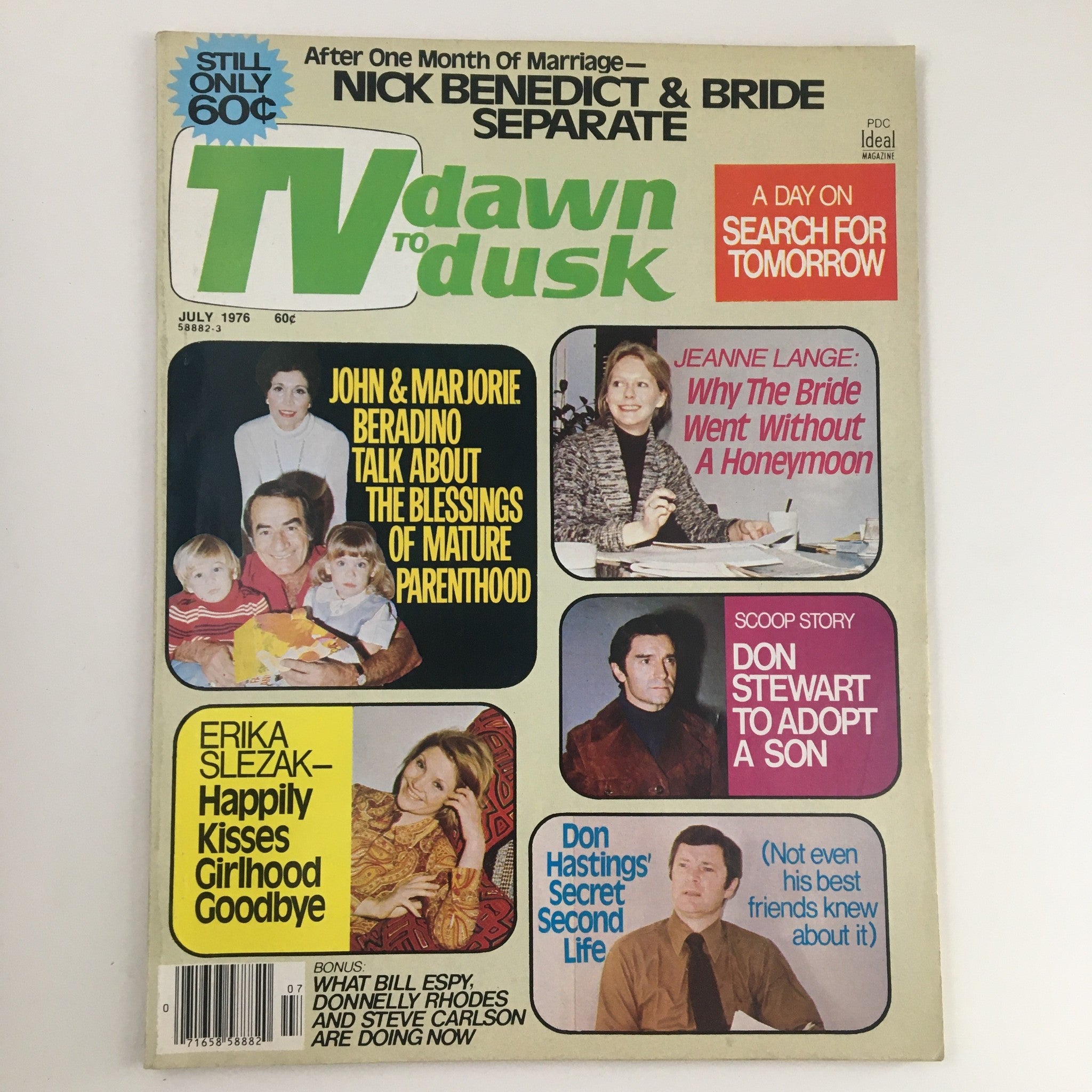 TV Dawn to Dusk Magazine July 1976 cover featuring John & Marjorie Beradino discussing parenthood, with additional segments about Erika Slezak, Jeanne Lange, and Don Stewart.