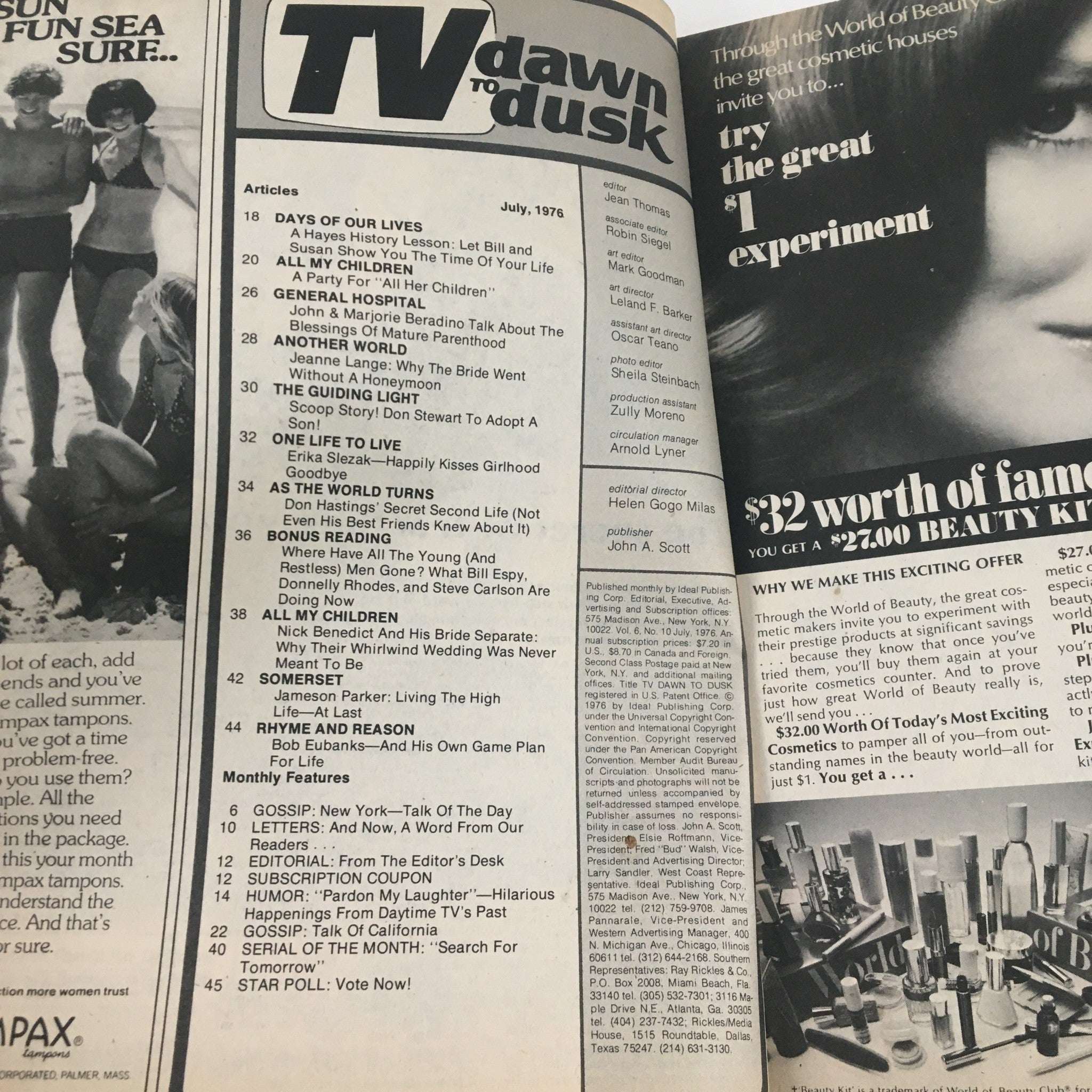 Interior page of TV Dawn to Dusk Magazine July 1976 displaying the table of contents, highlighting articles about soap operas and celebrity features.