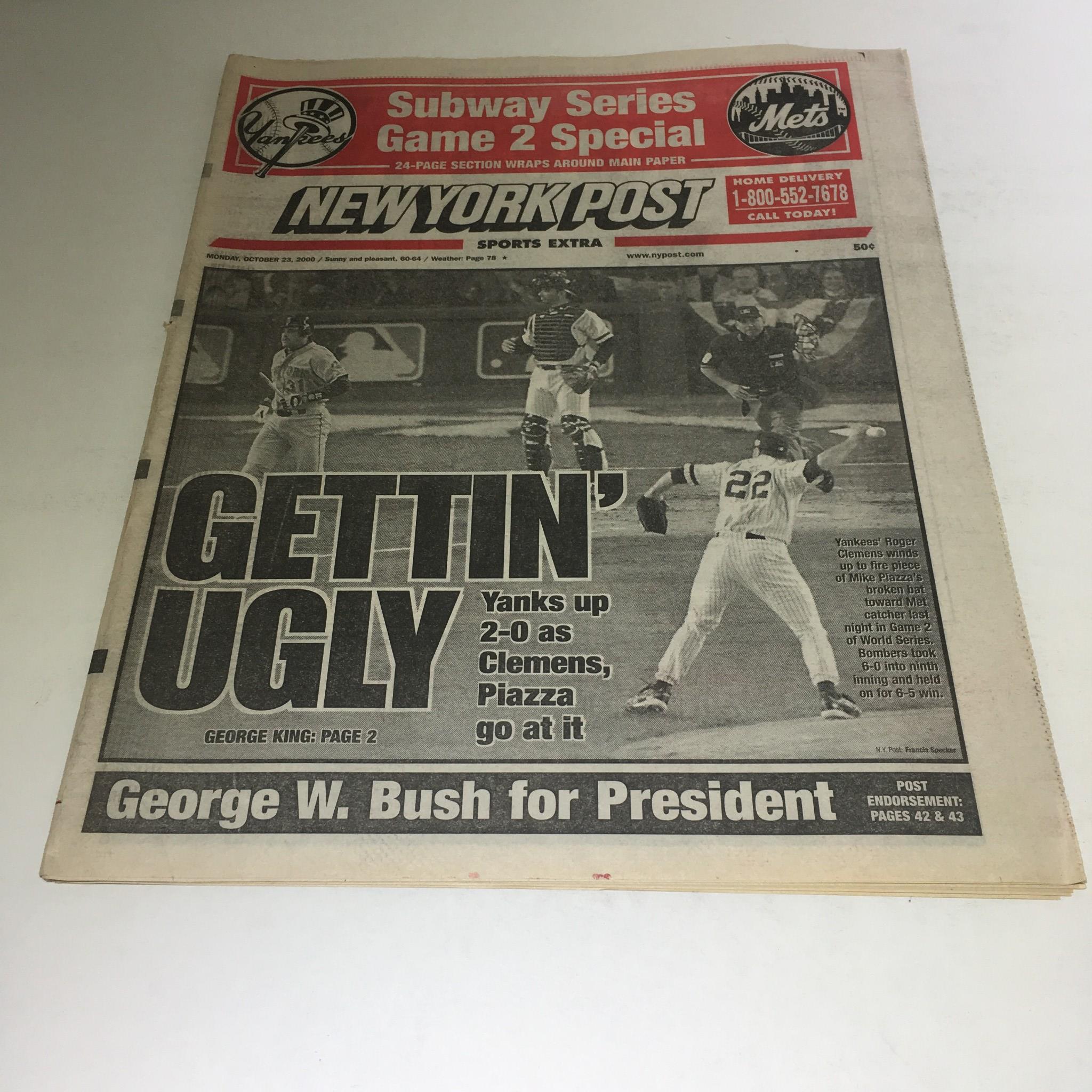 New York Post from October 23, 2000, featuring the headline 'Gettin' Ugly' about the Yankees and Mets game during the Subway Series.