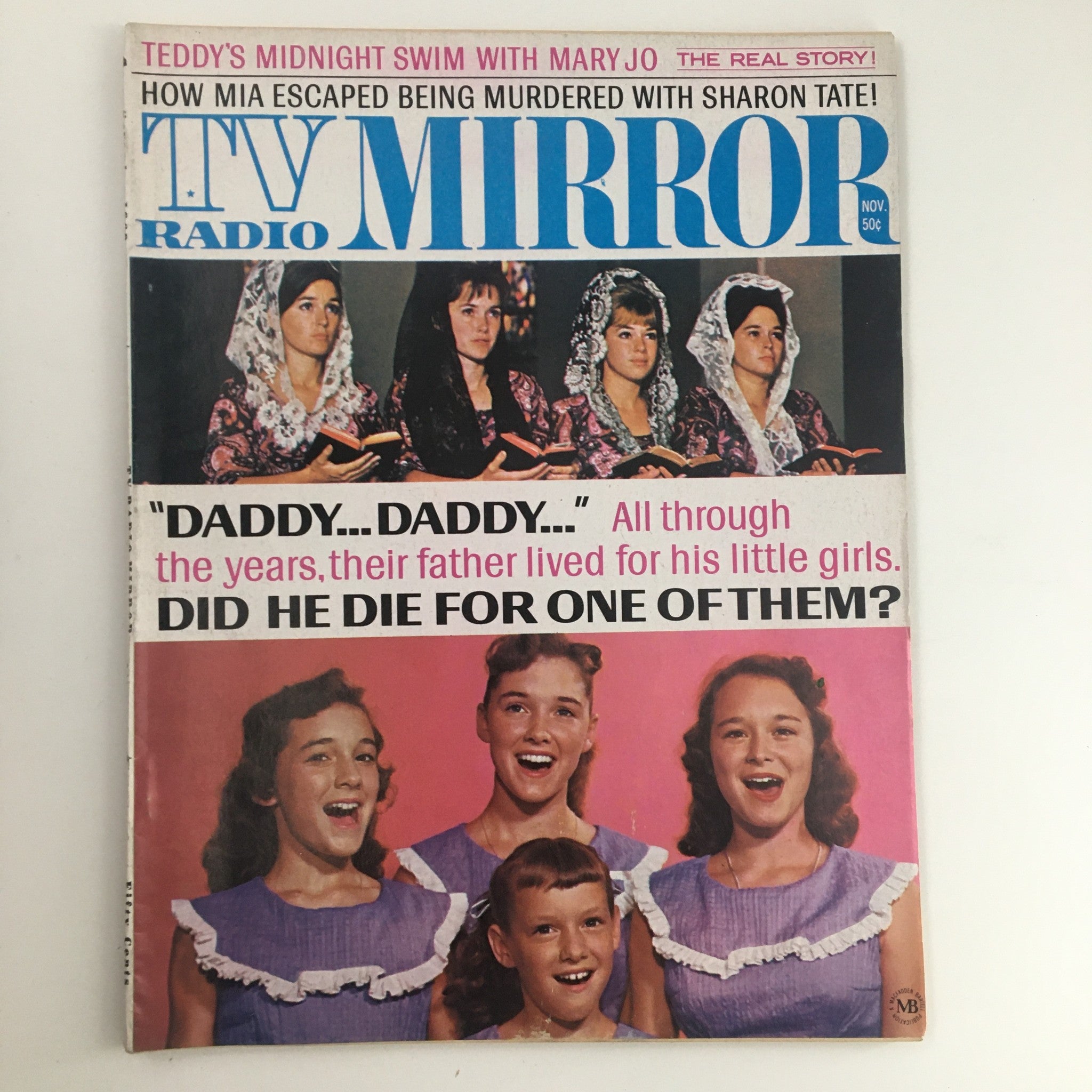 TV Radio Mirror November 1969 cover featuring Teddy & Mary Jo's Midnight Swim story, showcasing a group of girls in purple dresses with smiles, and four women holding books in traditional attire, encapsulating the nostalgic essence of 1960s pop culture.