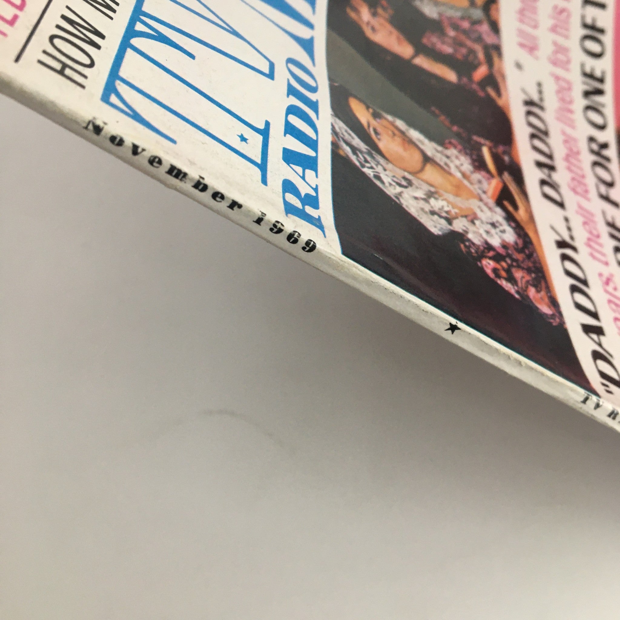 Close-up view of the spine of the TV Radio Mirror November 1969 edition featuring Teddy & Mary Jo's Midnight Swim. This vintage magazine showcases its original publishing date and distinct title, embodying the cultural essence of the late 1960s.