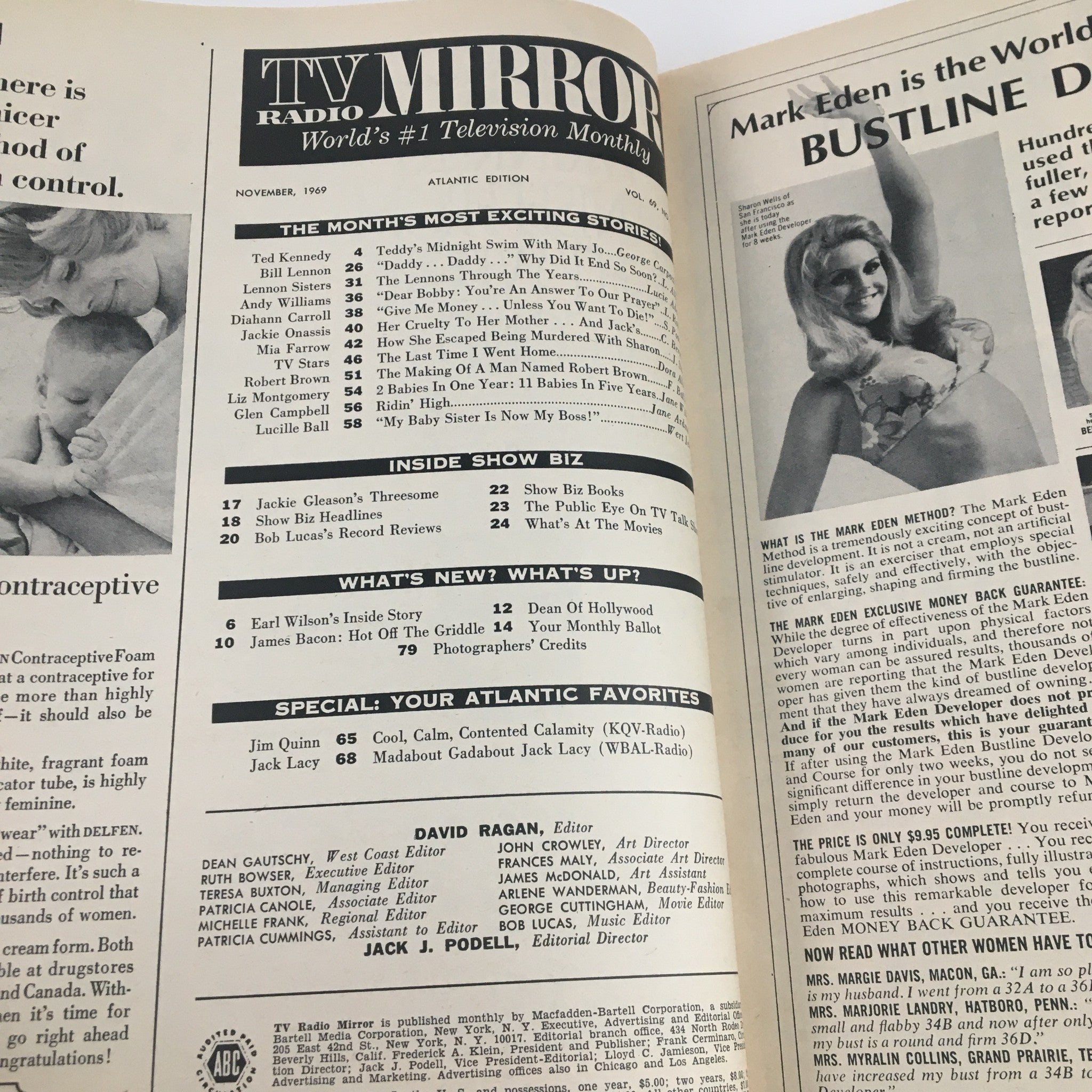 Inside page of the TV Radio Mirror November 1969 edition, highlighting features like Teddy's Midnight Swim with Mary Jo. This page includes the table of contents and shows the magazine's layout, representing the popular television culture of the era.