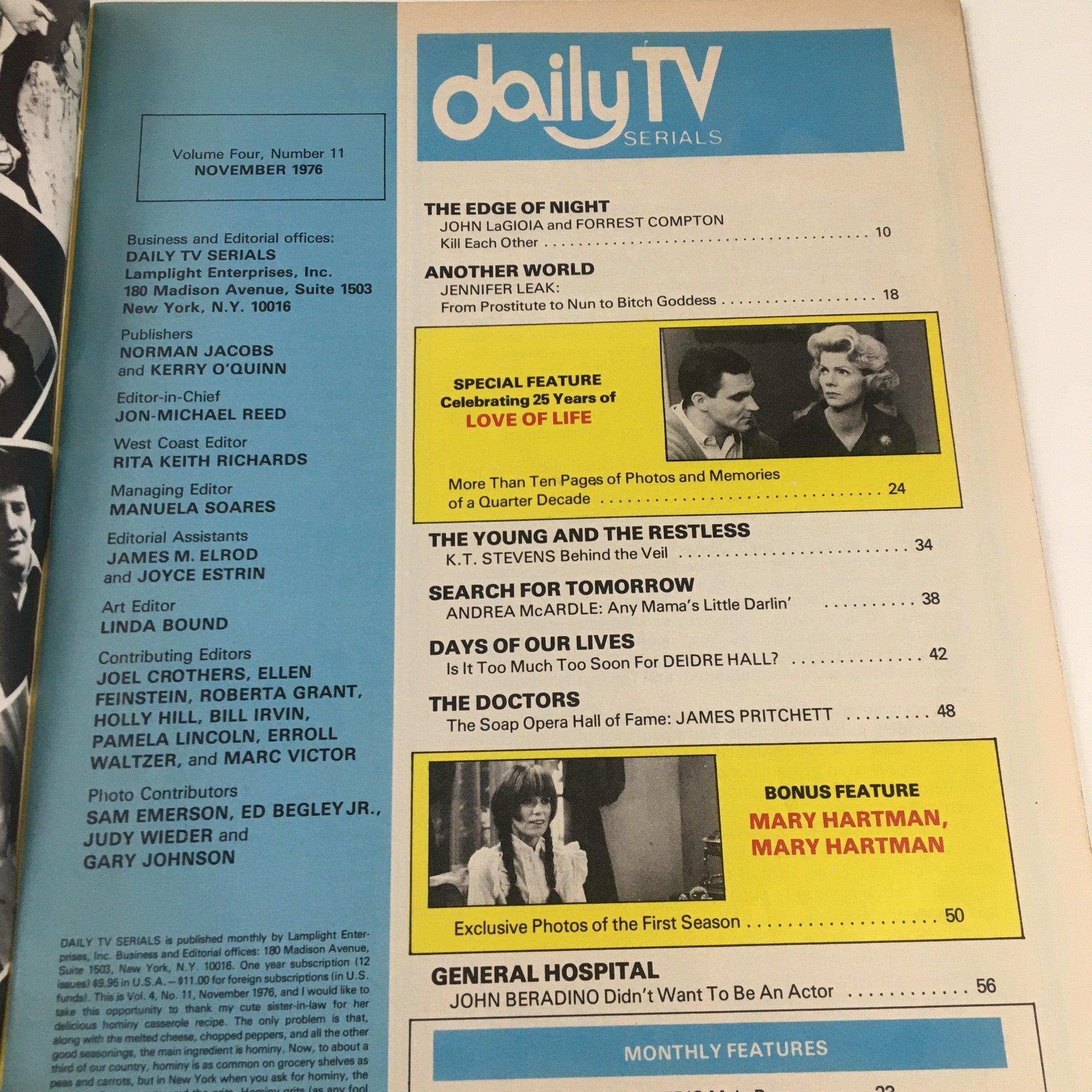 Daily TV Serials Magazine November 1976 Jennifer Leak & John Beradino No Label