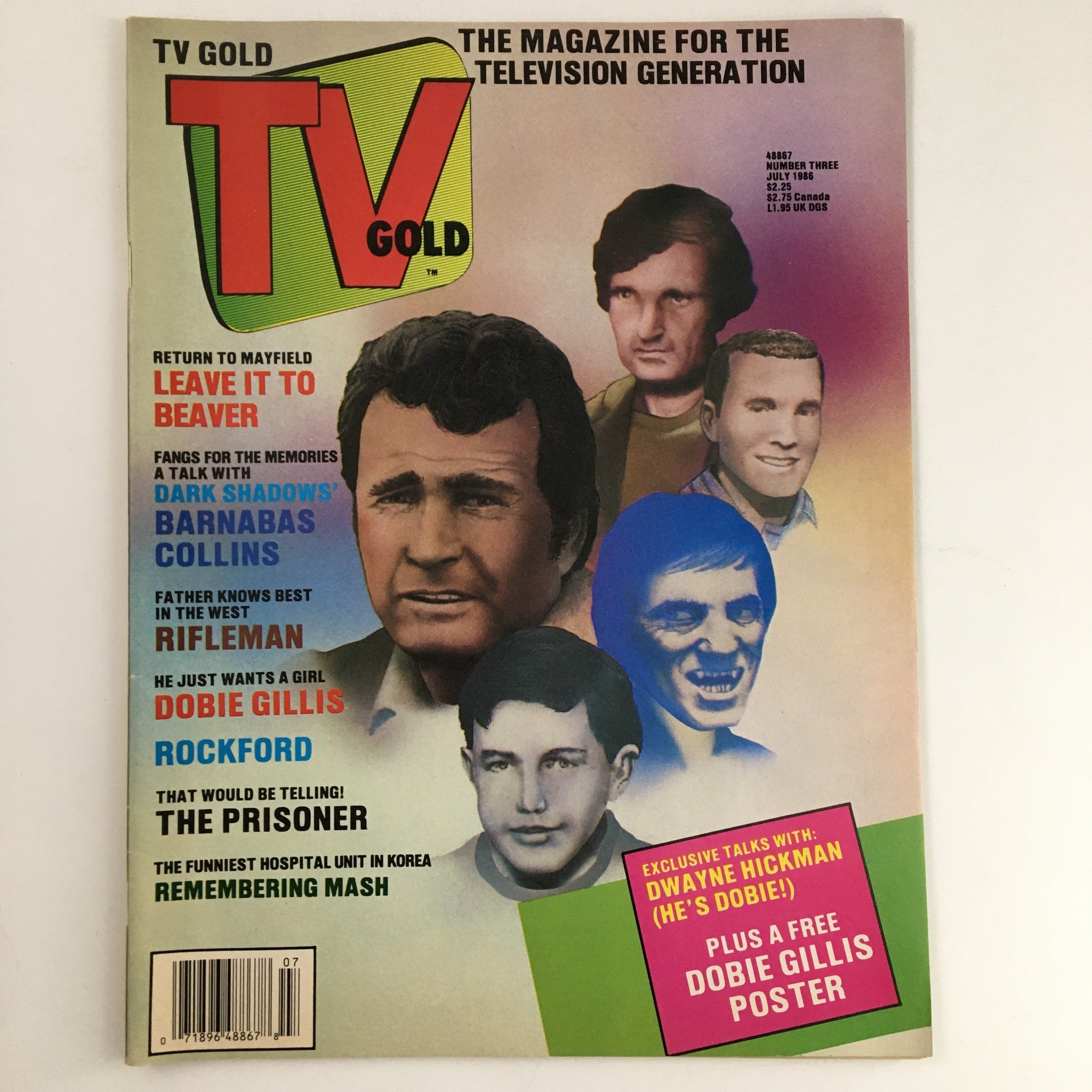 Cover of TV Gold Magazine July 1986 No. 3 featuring Dobie Gillis, Jon Frid, and Frank Bresee, showcasing popular TV icons and articles relevant to the entertainment era.