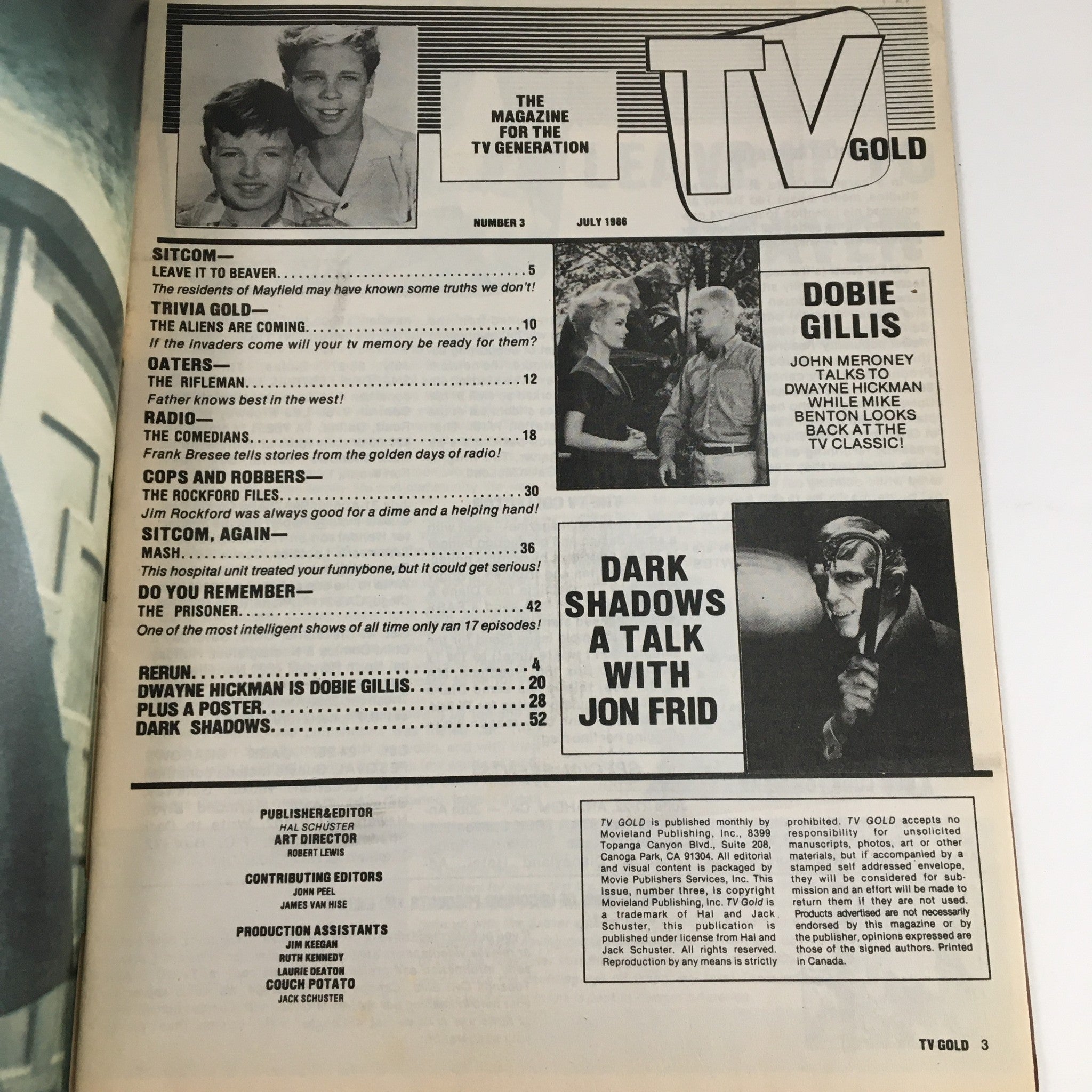 Pages inside TV Gold Magazine July 1986 No. 3, displaying the table of contents and highlights including features on Leave It To Beaver, Dobie Gillis, and Dark Shadows.