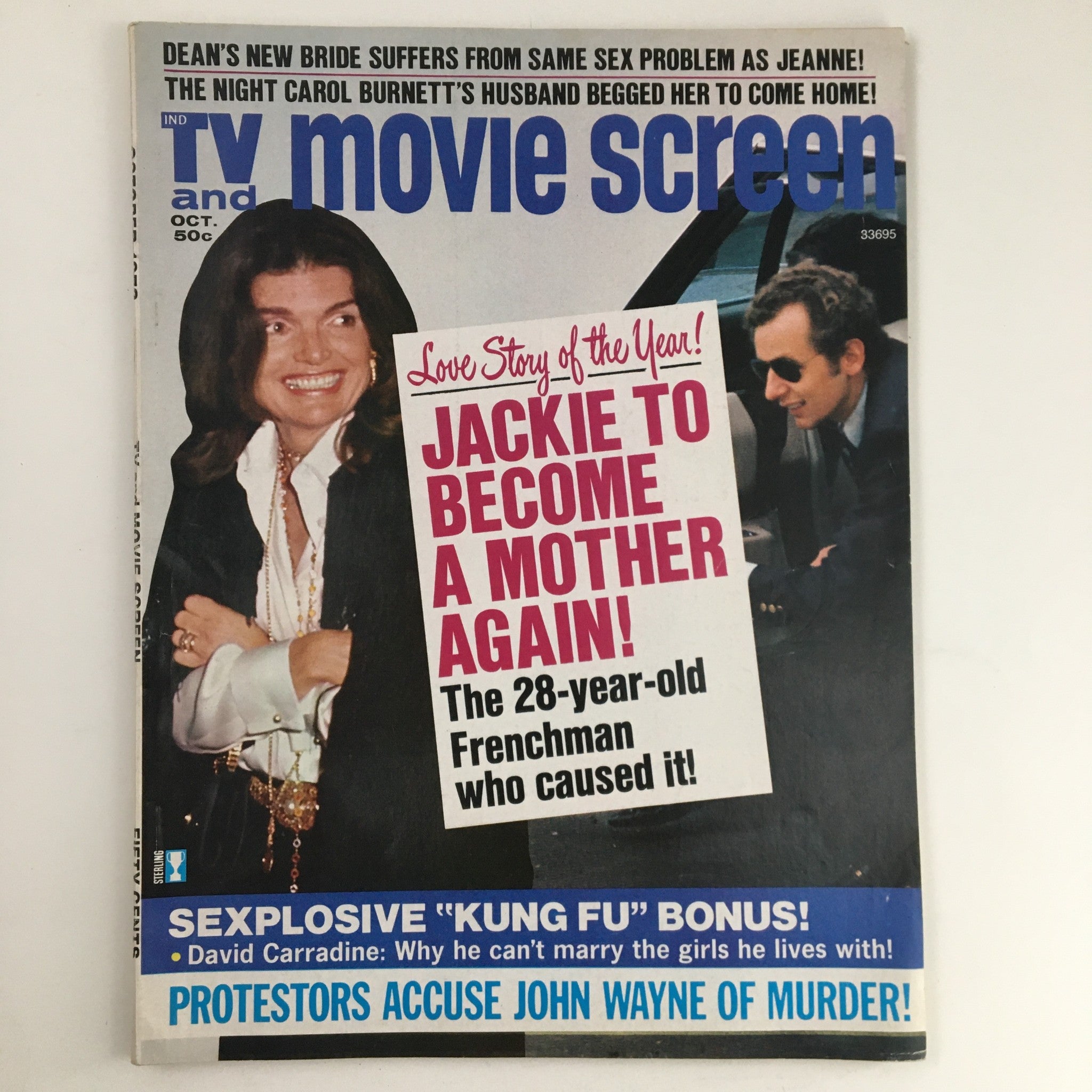 October 1973 cover of TV & Movie Screen Magazine featuring Jackie Kennedy and a headline about her becoming a mother again. Includes references to John's Wayne accusations and a bonus feature about David Carradine.