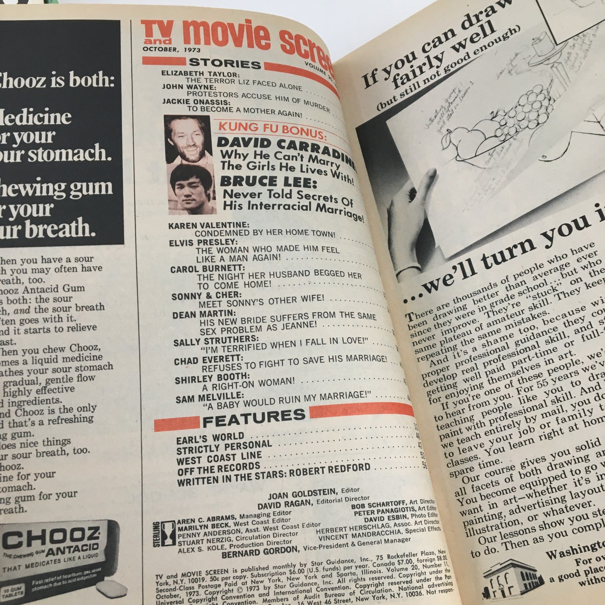 Interior page from the October 1973 issue of TV & Movie Screen Magazine, listing featured stories including Jackie Onassis and various celebrity highlights.