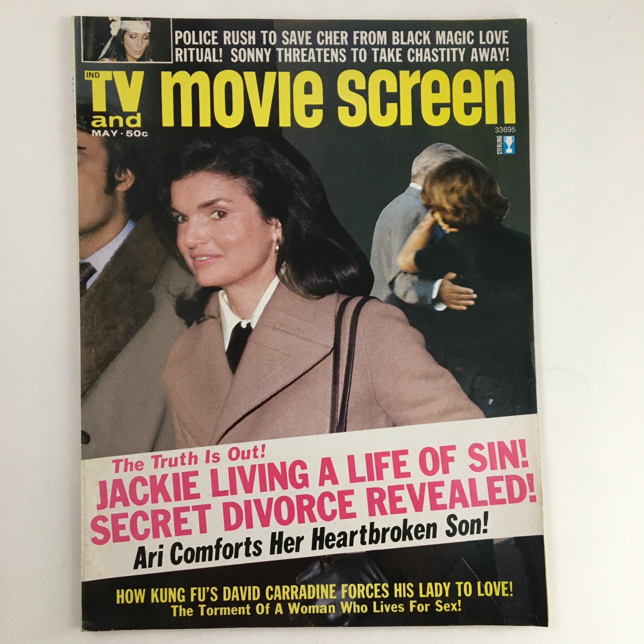 Cover of TV & Movie Screen Magazine from May 1974 featuring Jackie Onassis and David Carradine, highlighting sensational headlines and vintage design.
