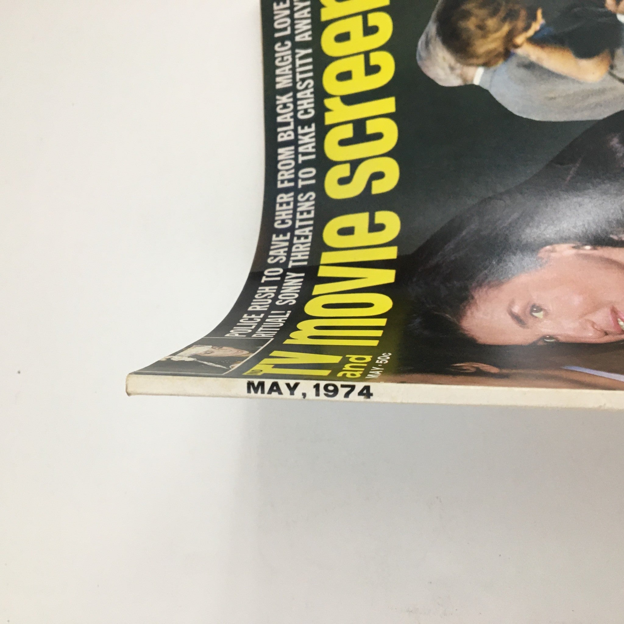 Cover of the TV & Movie Screen Magazine from May 1974 featuring the title and highlights of the issue including Jackie Onassis and David Carradine.