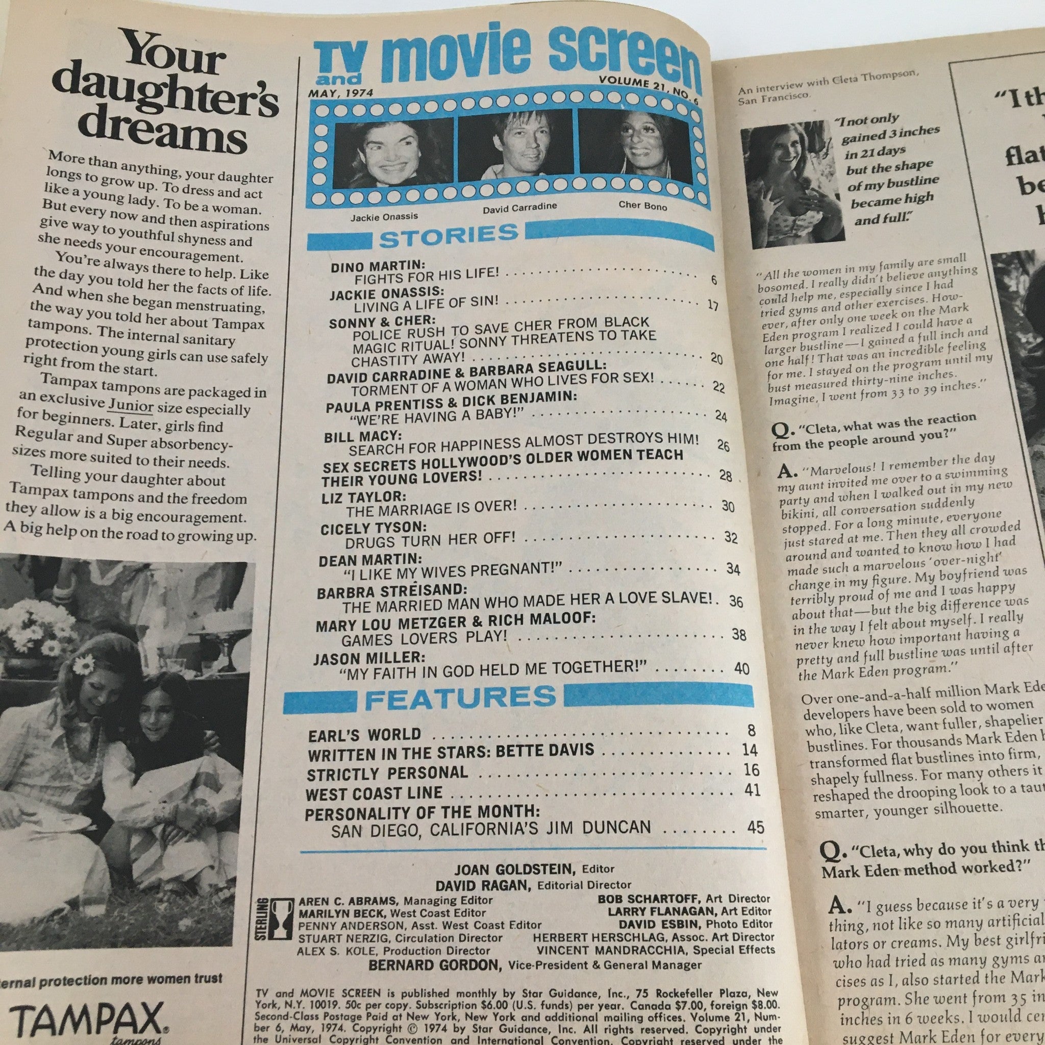 Table of contents page from the TV & Movie Screen Magazine May 1974, showcasing articles about Jackie Onassis, David Carradine, and more.