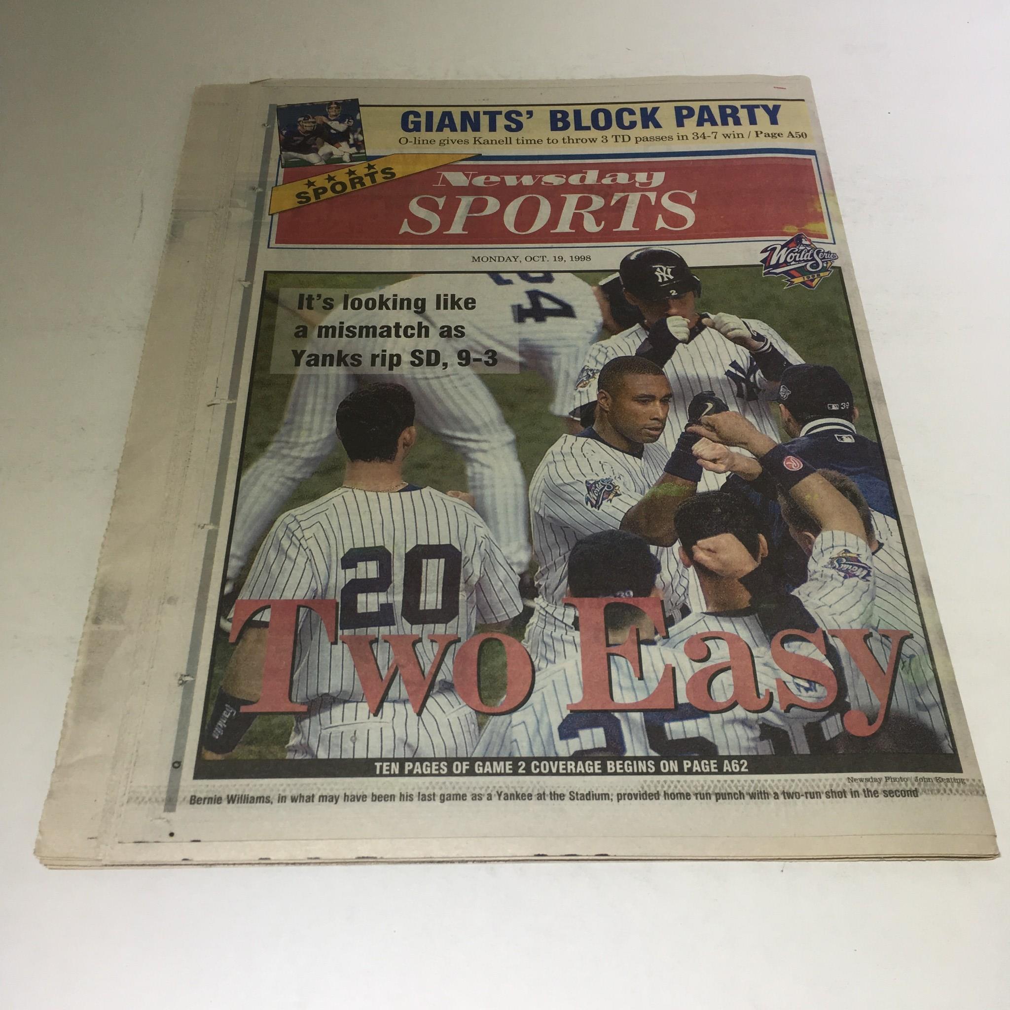 Newsday: Oct 19 1998 That's Two New York Yankees world series baseball