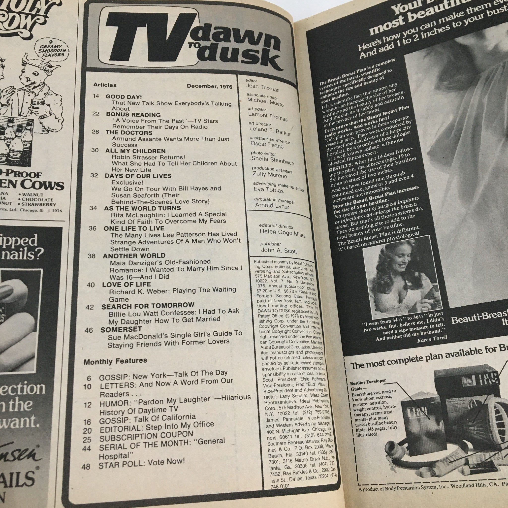 Interior page of the TV Dawn to Dusk Magazine, December 1976, displaying the table of contents and various articles related to television shows and personalities from the 1970s.