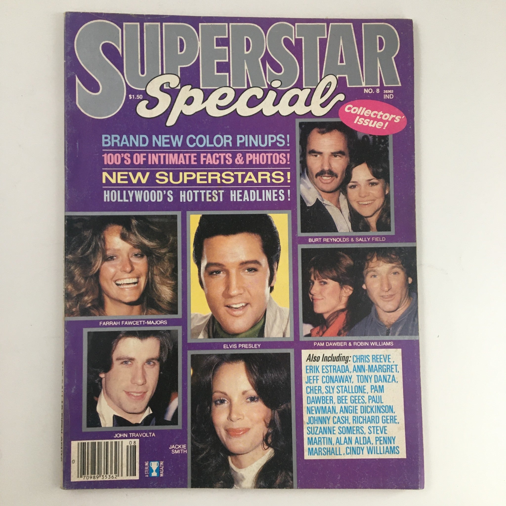 Cover of Superstar Special Magazine 1979 No. 8 featuring John Travolta and Elvis Presley, with vibrant colors and images of iconic celebrities including Farrah Fawcett, Burt Reynolds, and Sally Field.