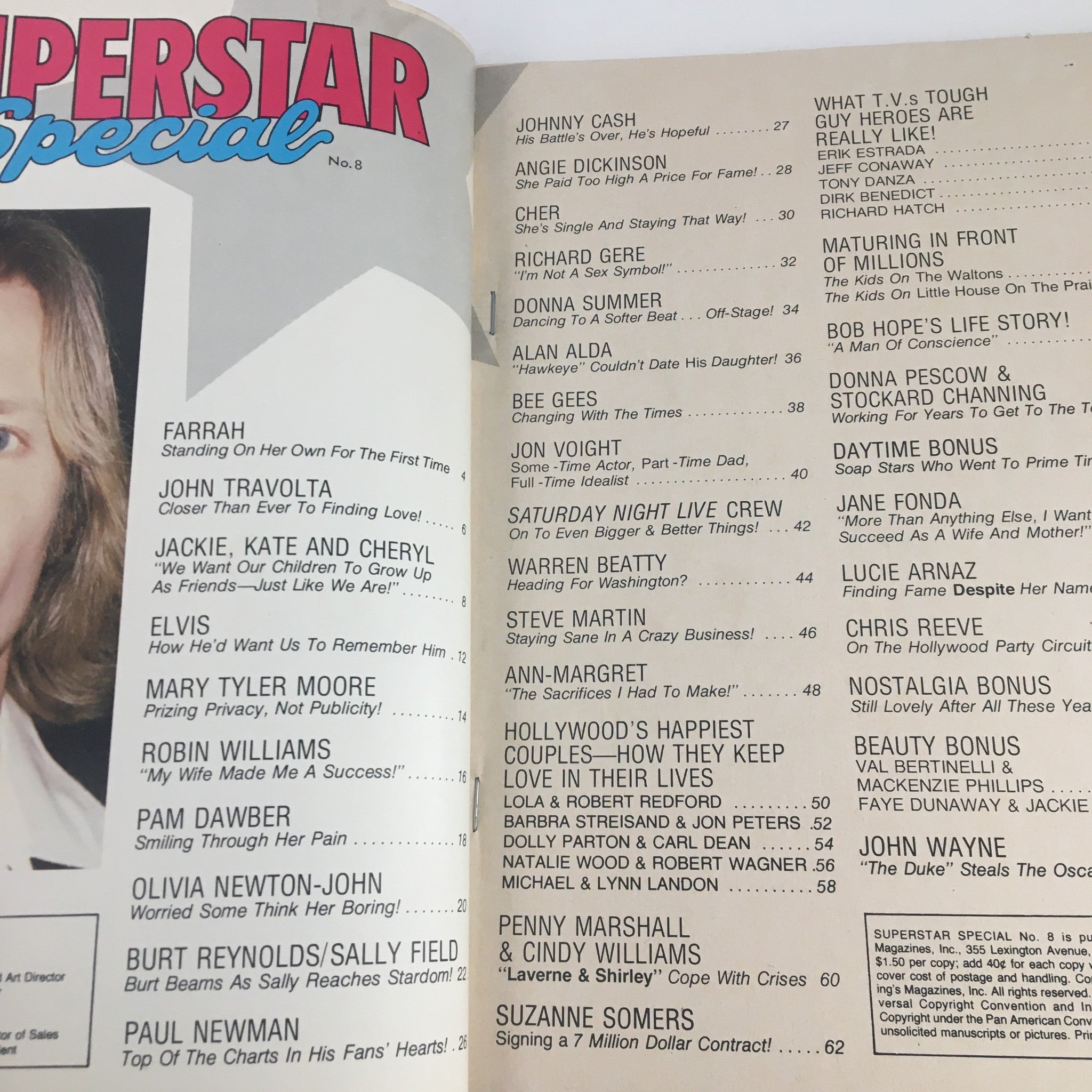 Inside page of Superstar Special Magazine 1979 No. 8 displaying a table of contents with features on John Travolta and Elvis Presley.
