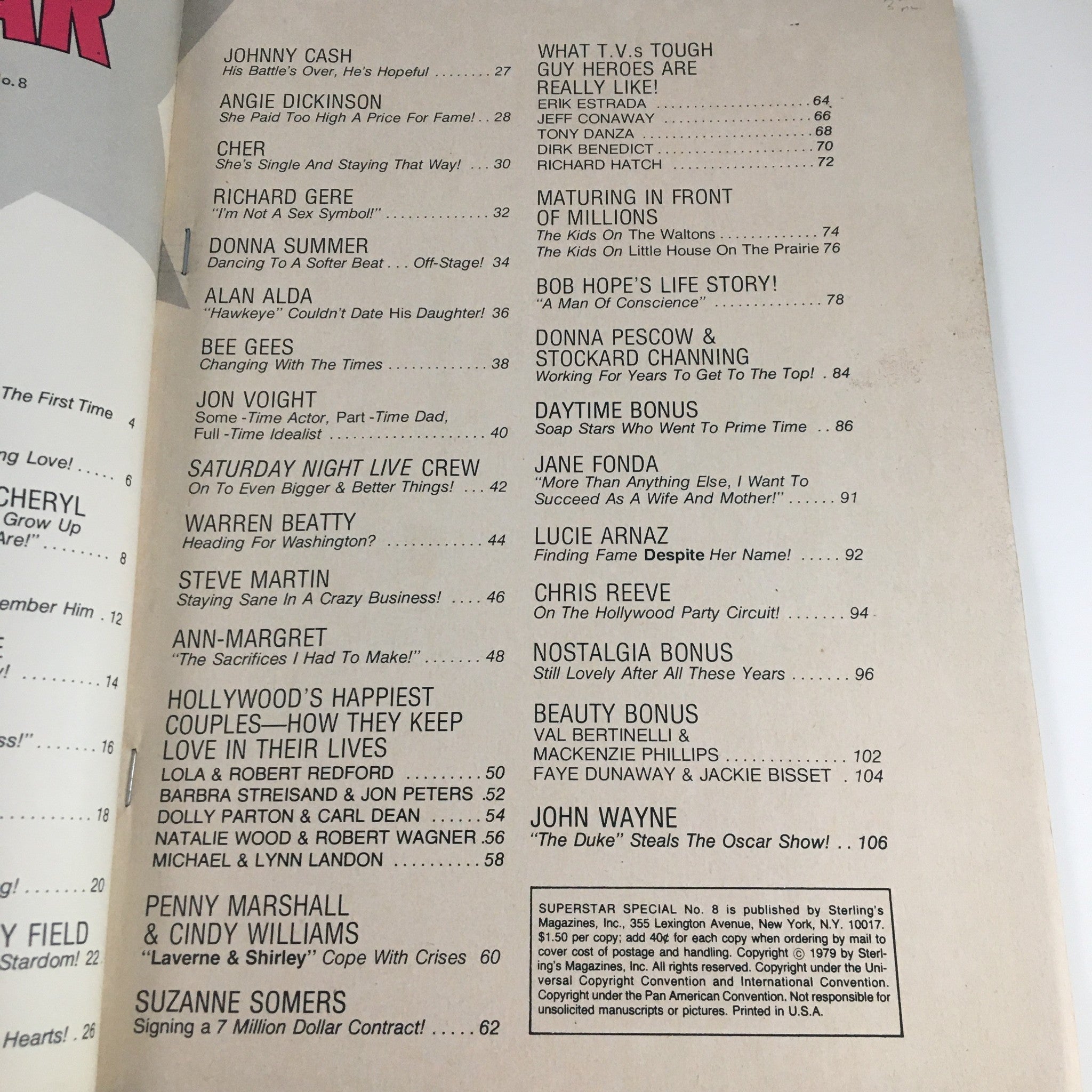 Another inside page of Superstar Special Magazine 1979 No. 8 listing articles about various popular celebrities from the 1970s.