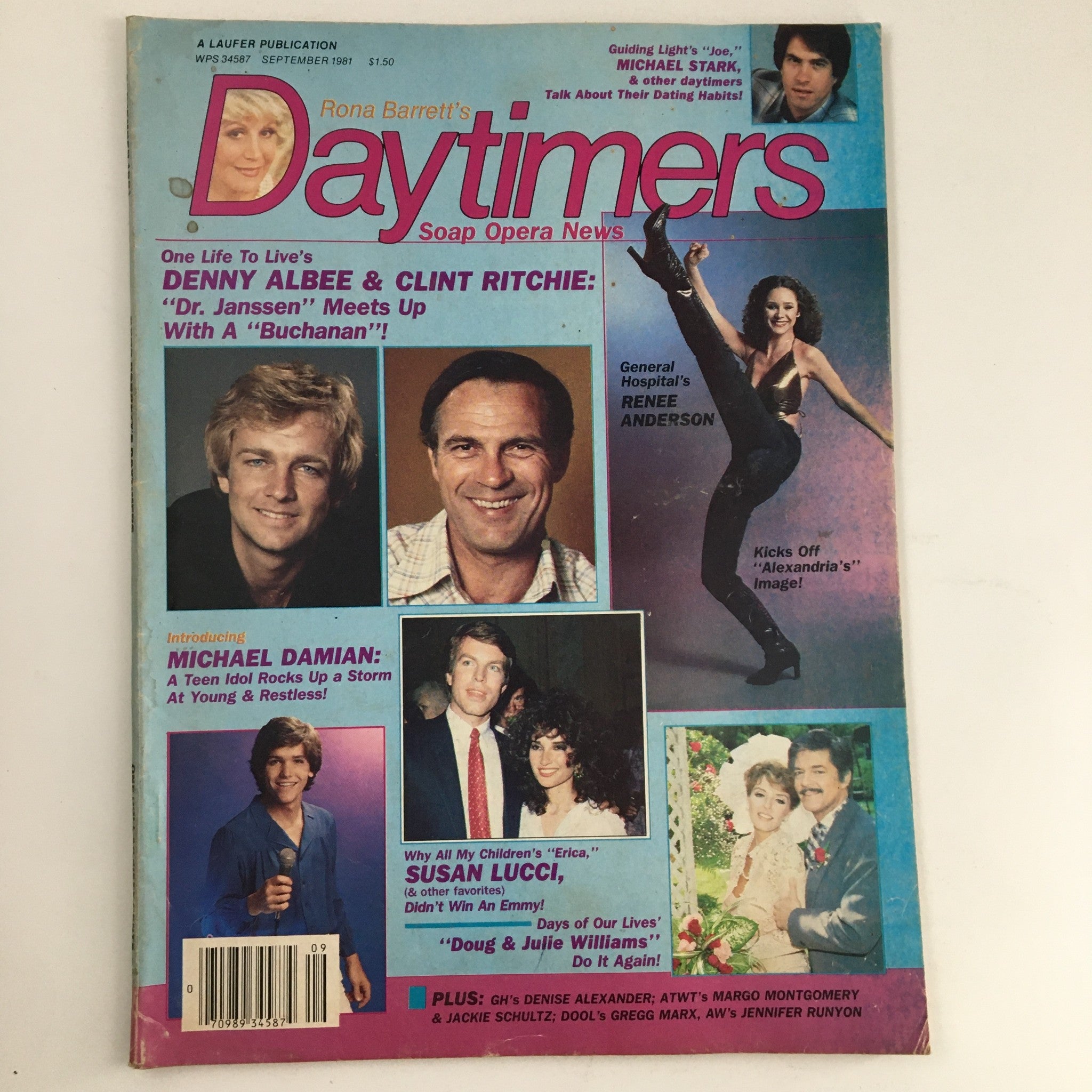 Cover of Rona Barrett's Daytimers September 1981 magazine featuring celebrities Renee Anderson and Michael Damian, showcasing major highlights in soap opera news and interviews.