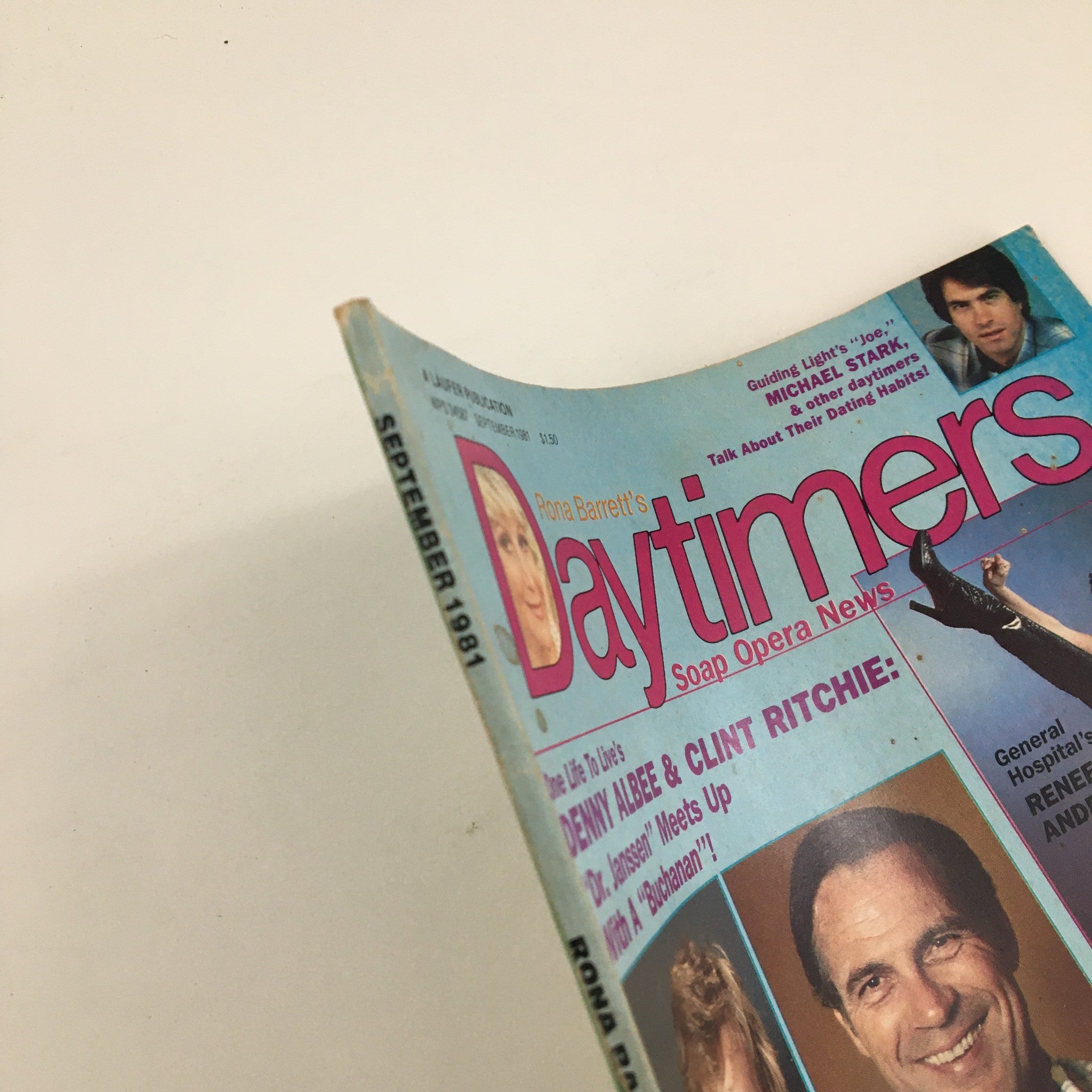 Side view of Rona Barrett's Daytimers September 1981 magazine, emphasizing its vintage design and notable soap opera personalities featured inside.