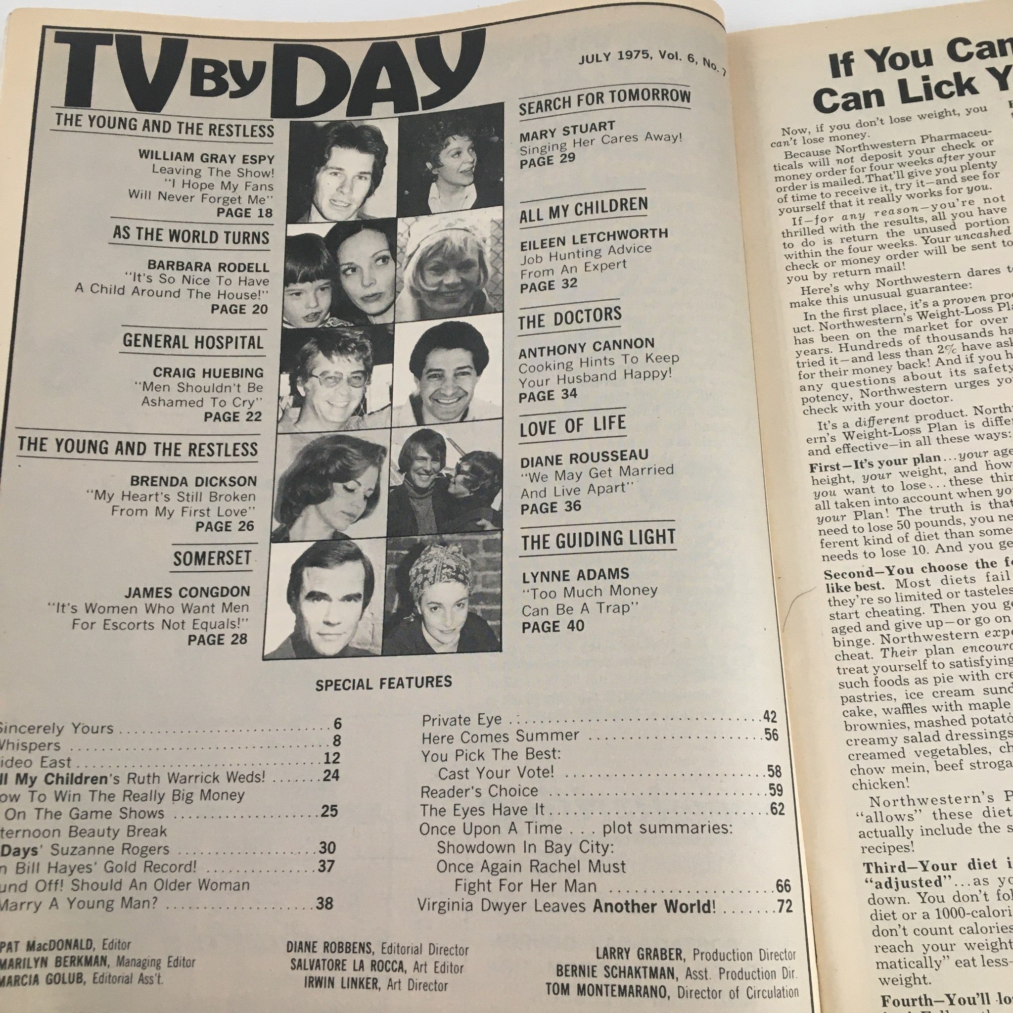 Inside page of TV By Day Magazine July 1975 displaying a table of contents with feature articles on popular soap operas and personalities of the time.