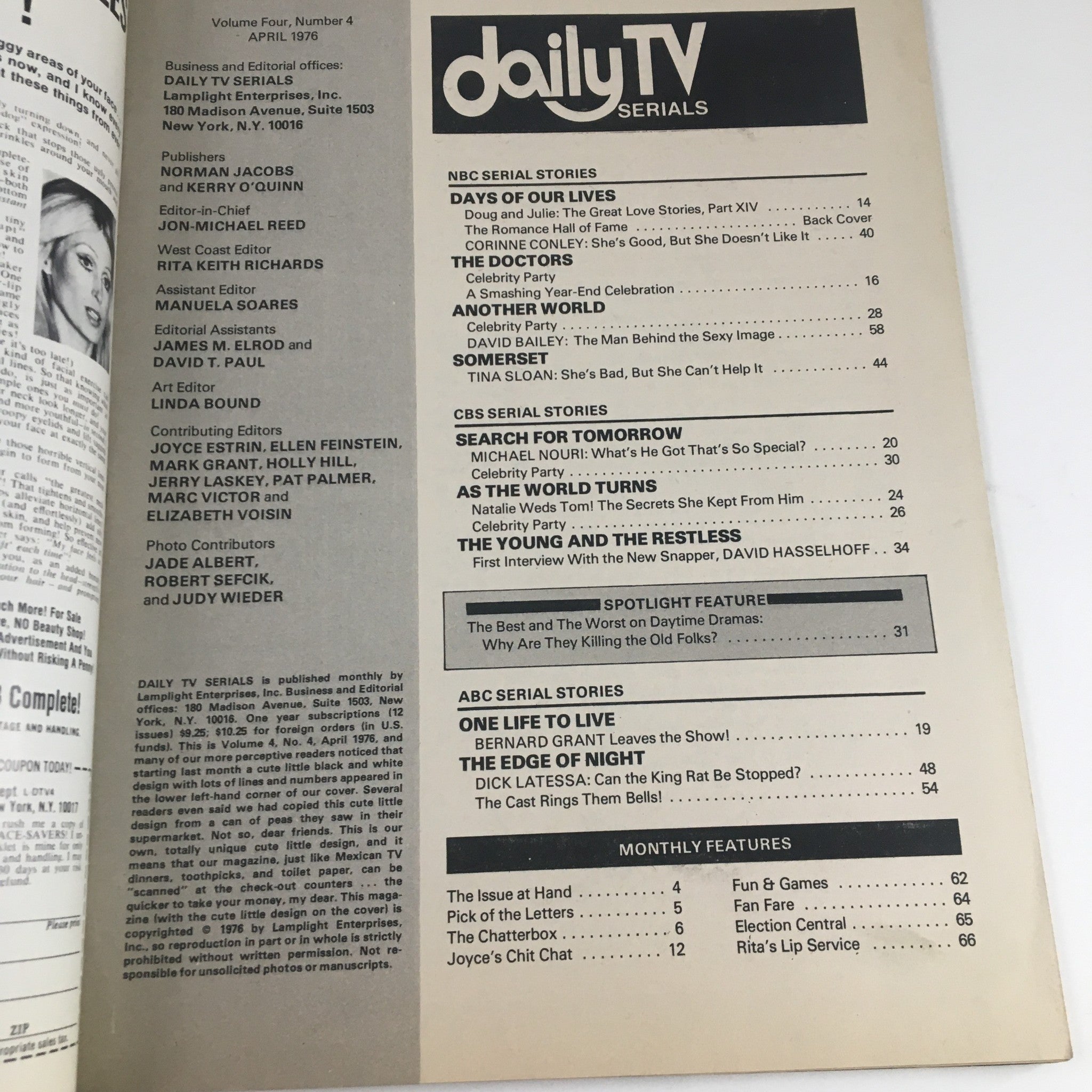 Daily TV Serials Magazine April 1976 Judith Chapman & C. David Colson No Label