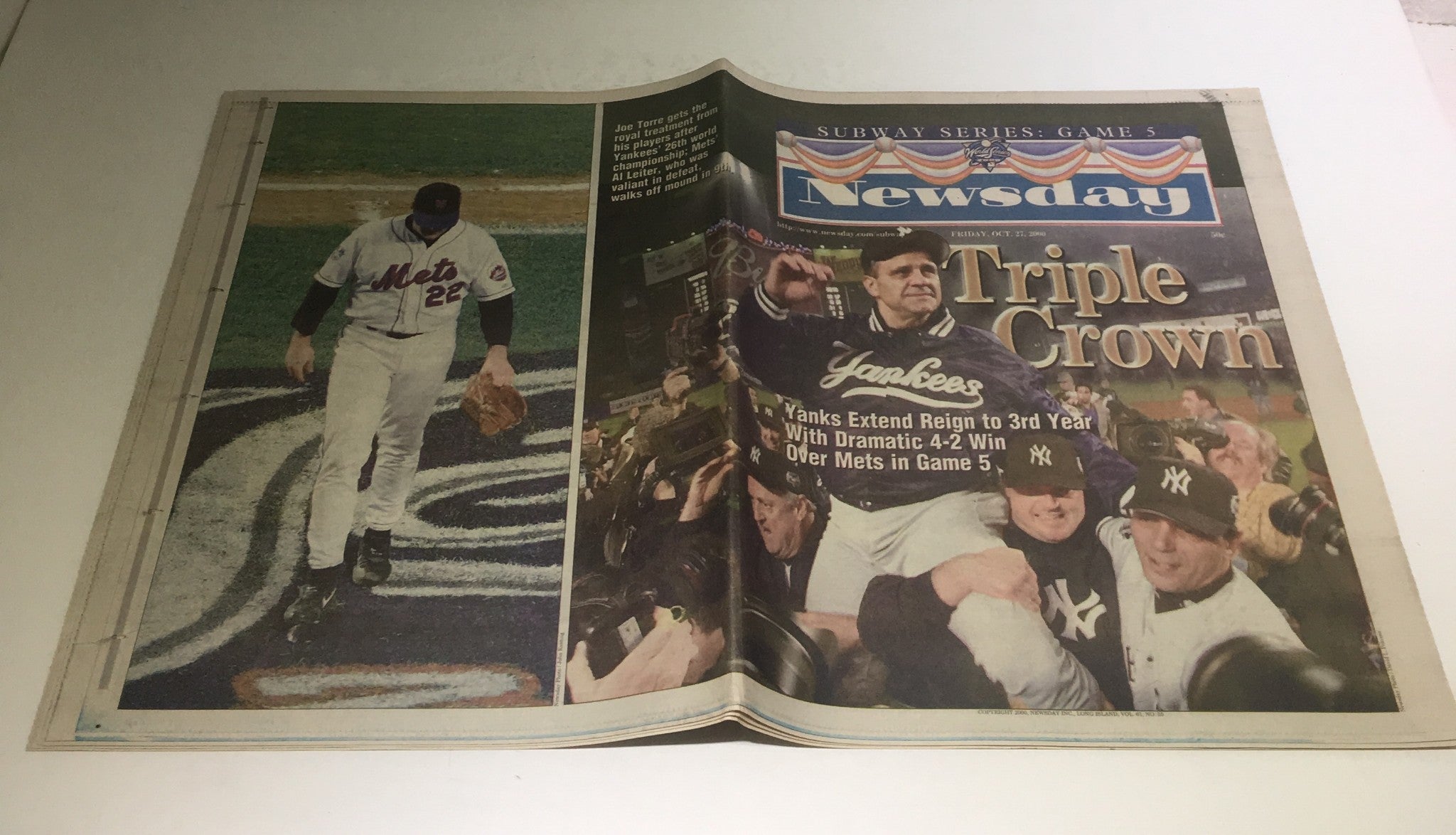 Newsday:10/27/2000 Yanks Extend Reign 2 3rd Yr W/ 4-2 Win Over Mets in Game 5