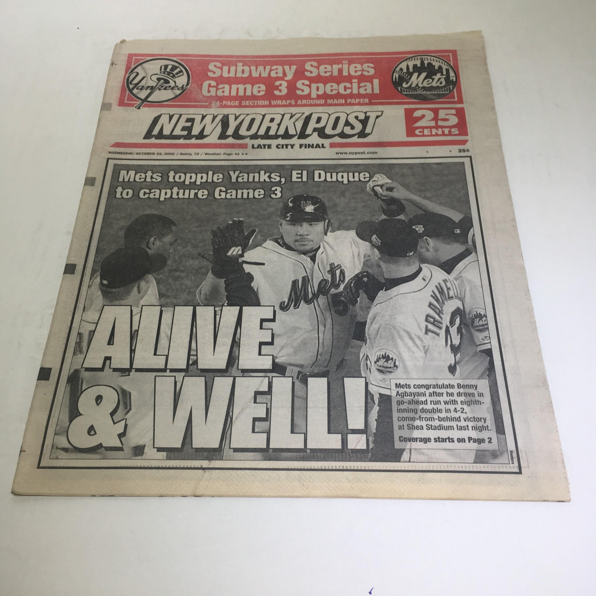 NY Post: 10/25/2000 Mets topple Yanks, El Duque to capture Game 3, Excellent