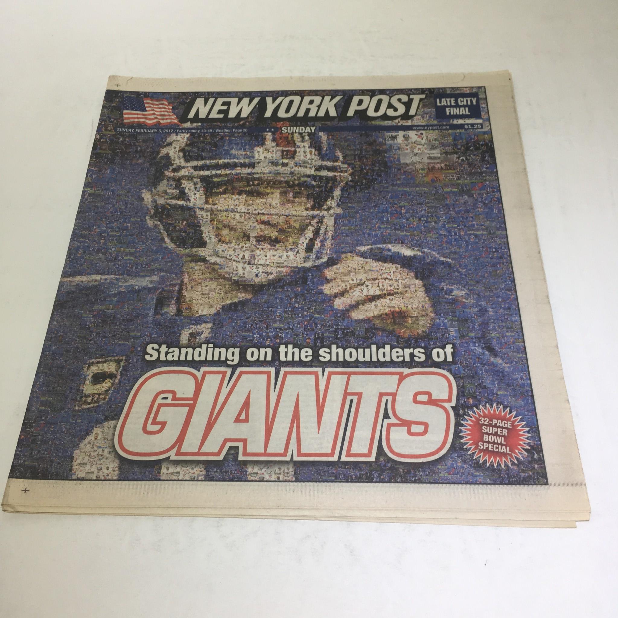 New York Post from February 5, 2012, featuring the title 'Standing on the Shoulders of Giants' with a prominent image of a football player. This nostalgic newspaper is in excellent condition, showcasing Super Bowl coverage.