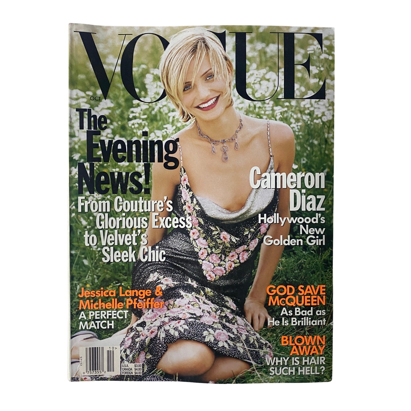 Vogue Magazine cover from October 1997 featuring Cameron Diaz. The issue highlights the evening news and couture fashion, showcasing Diaz as Hollywood's new golden girl.