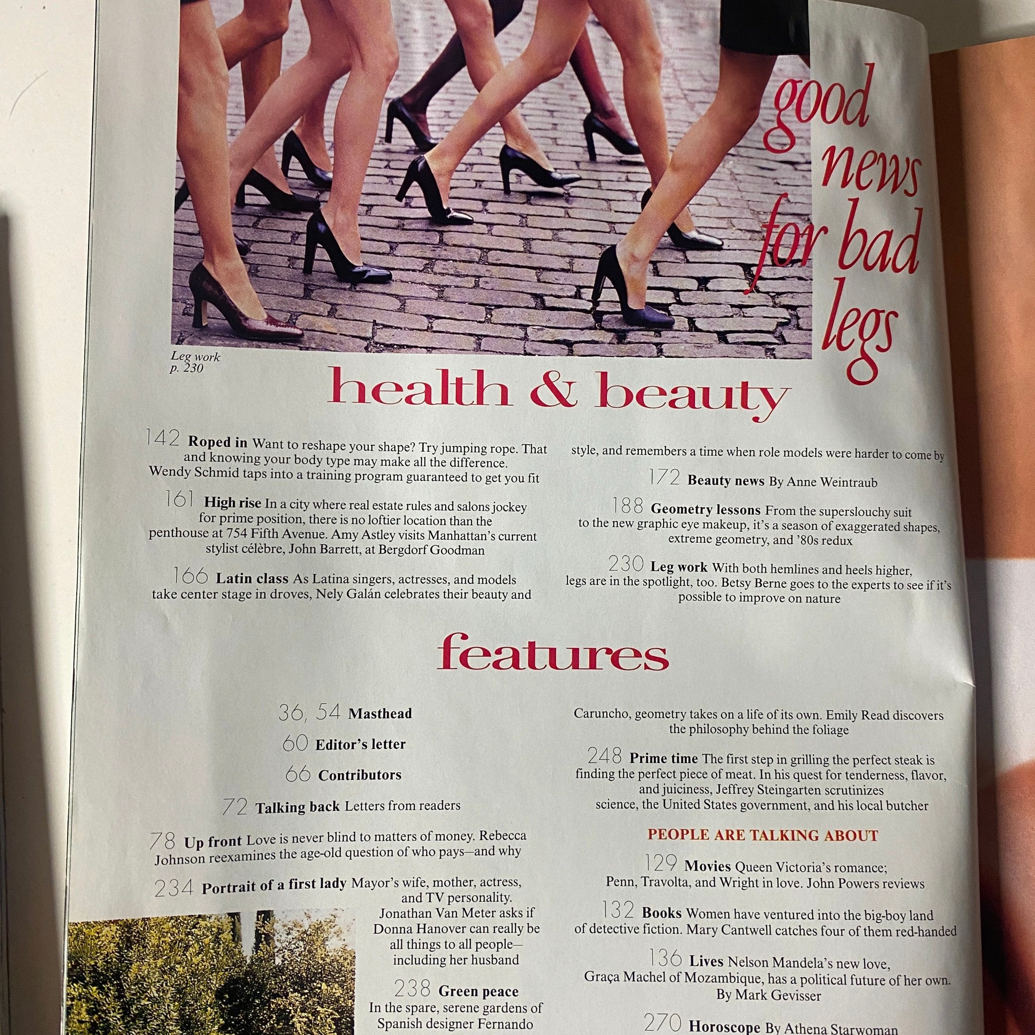 Inside page from Vogue Magazine August 1997 showcasing health and beauty articles, including 'Roped In' and 'Geometry Lessons', with a chic layout.