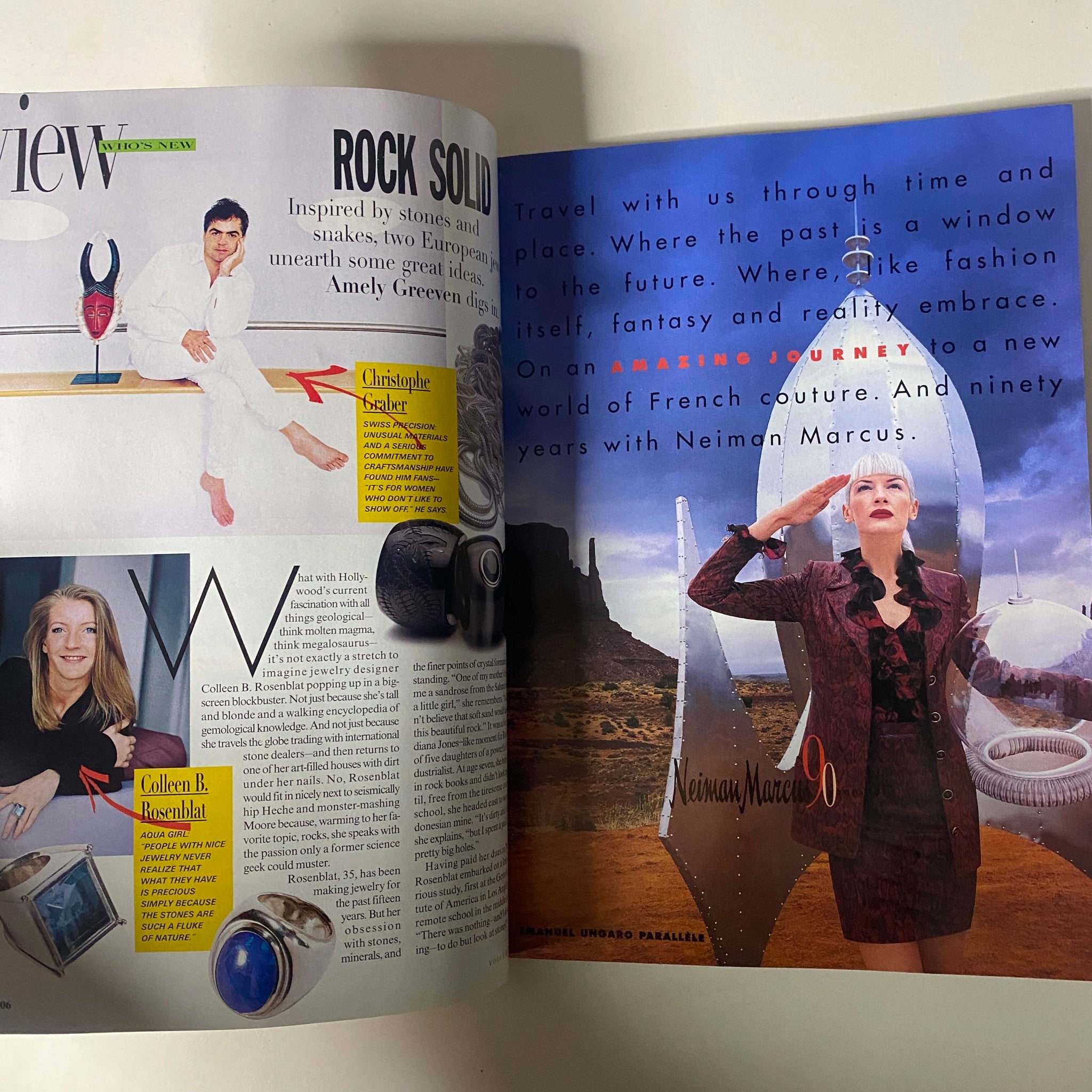 Luxury advertisement spread from Vogue Magazine August 1997 featuring a model in French couture for Neiman Marcus, emphasizing high fashion.
