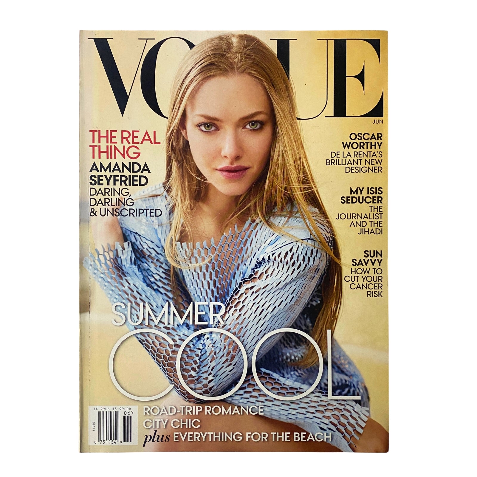 Vogue Magazine June 2015 cover featuring Amanda Seyfried. The magazine highlights summer fashion with the title 'SUMMER COOL' and showcases Seyfried in a stylish outfit, symbolizing the season's trends.