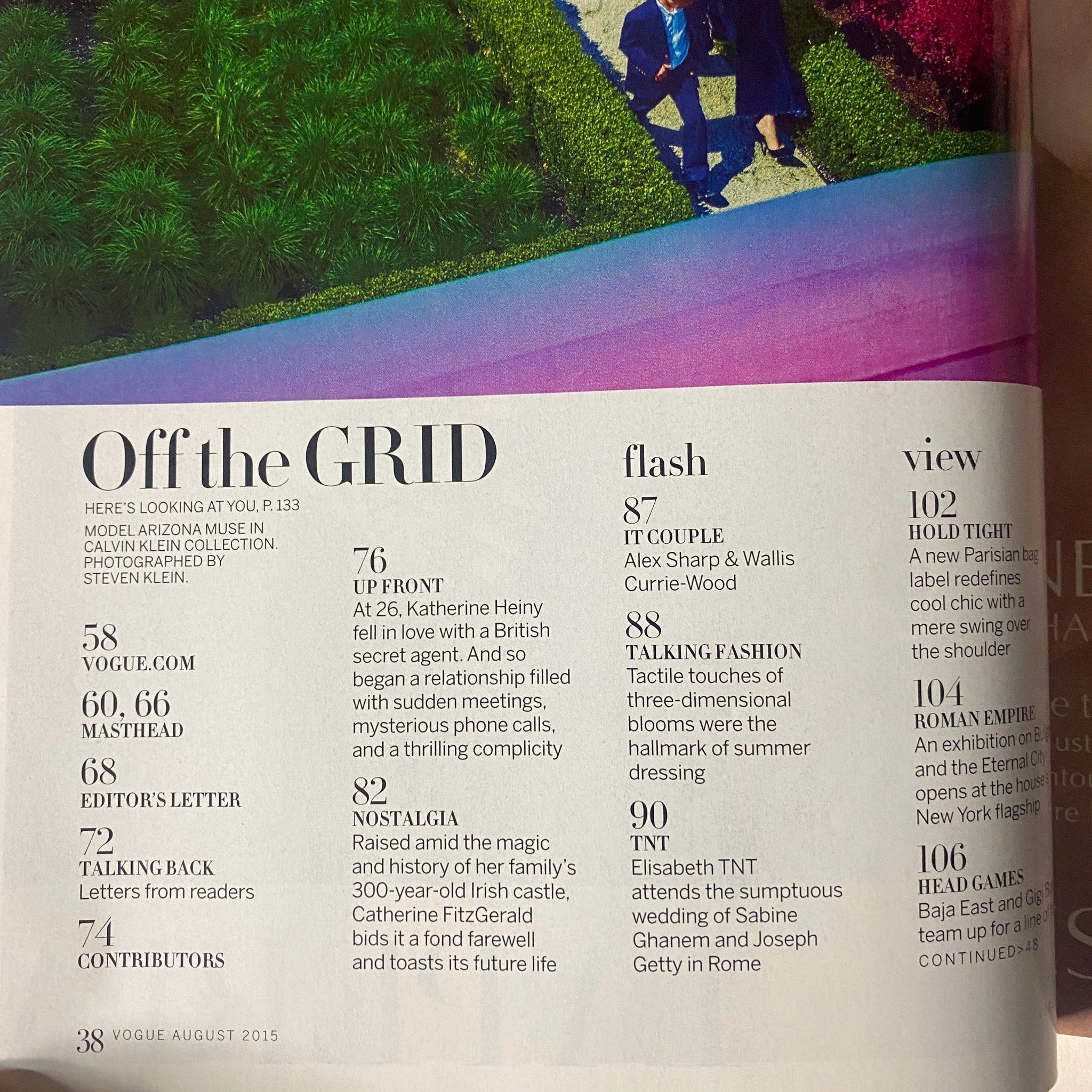 Content page from Vogue Magazine August 2015 highlighting features such as 'Off the Grid' and short articles about fashion topics and contributors.