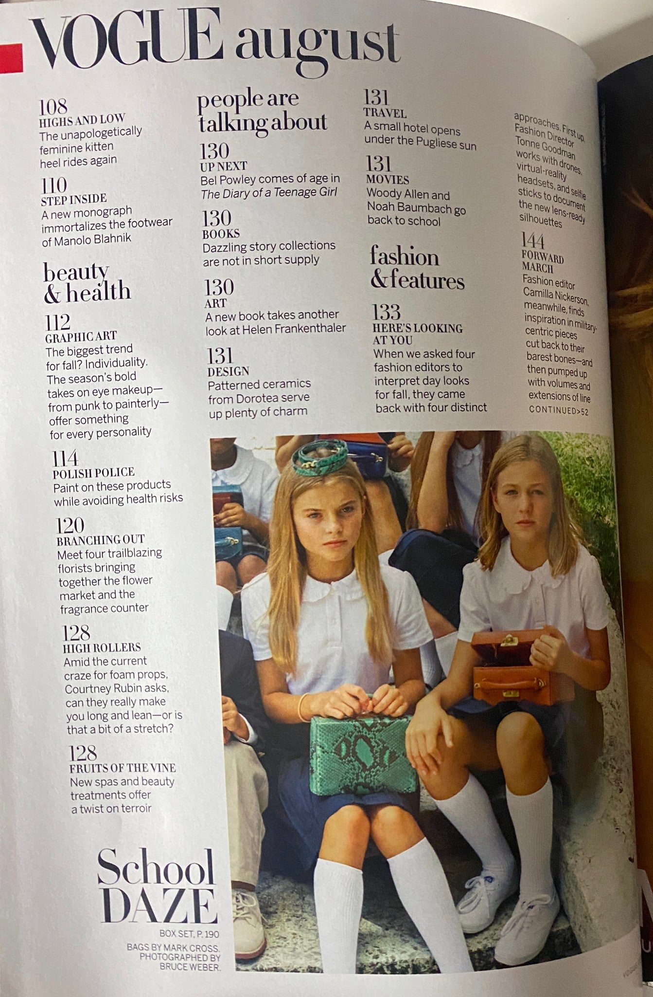 Vogue Magazine August 2015 page showcasing articles including 'Beauty & Health' and 'People Are Talking About', featuring pictures of models and film promotions.