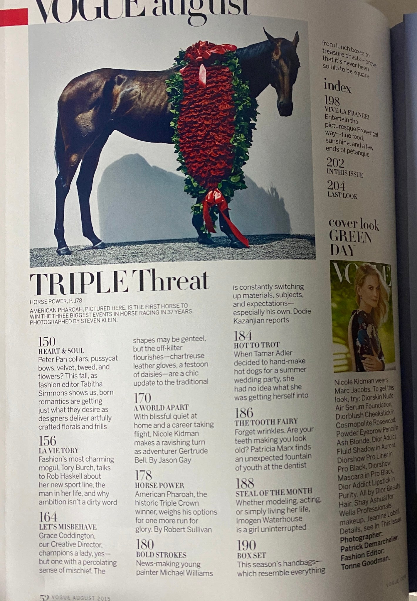 Vogue Magazine August 2015 page displaying 'Triple Threat' with a striking image of a horse decorated with flowers, part of the magazine's fashion features.