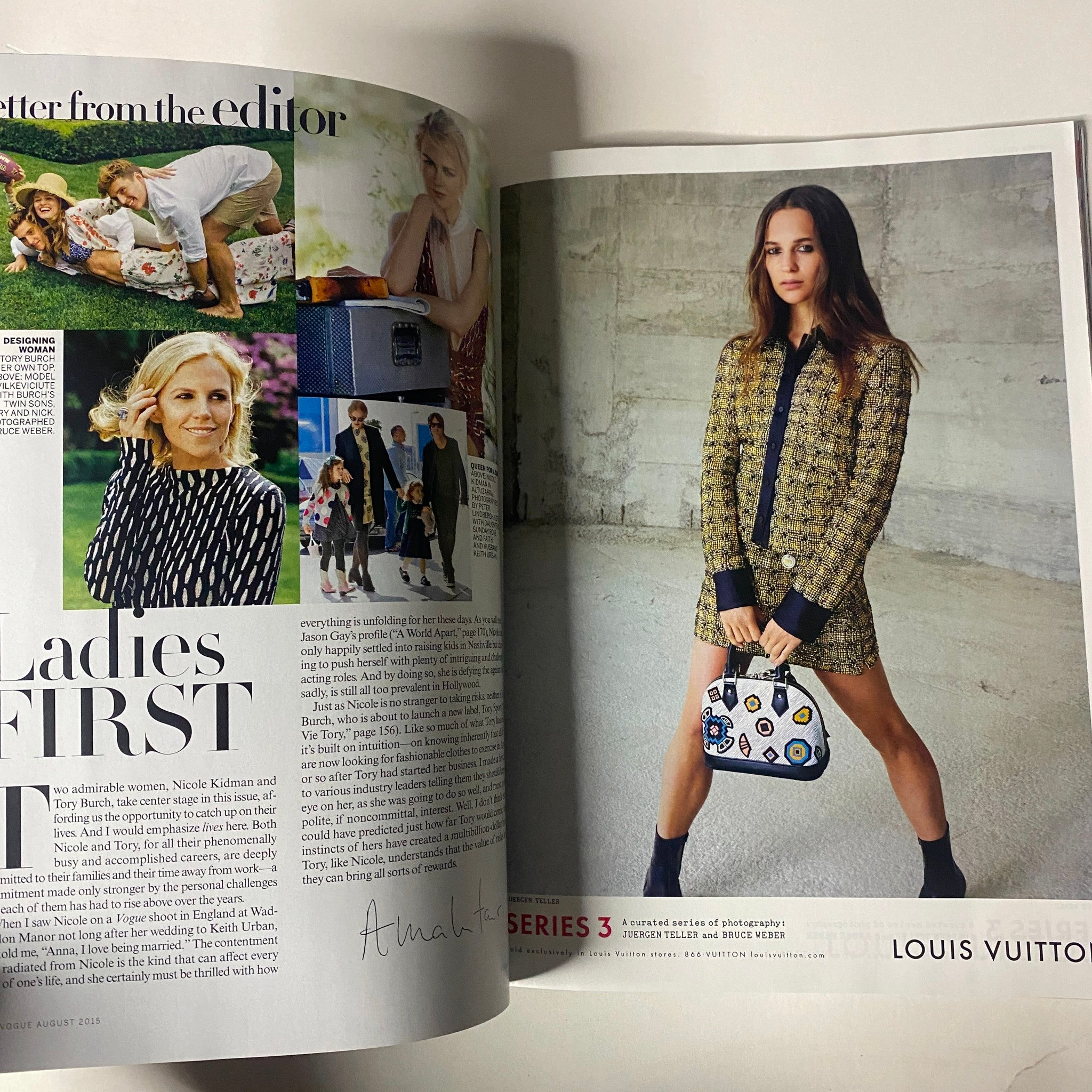 Editor’s letter page from Vogue Magazine August 2015 featuring Nicole Kidman and discussions on women's fashion, also promoting Louis Vuitton.