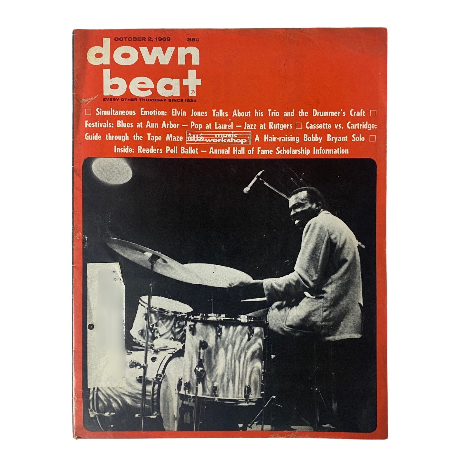Down Beat Magazine cover from October 2, 1969, featuring Elvin Jones, Volume 36, No. 20, showcasing jazz and blues content.