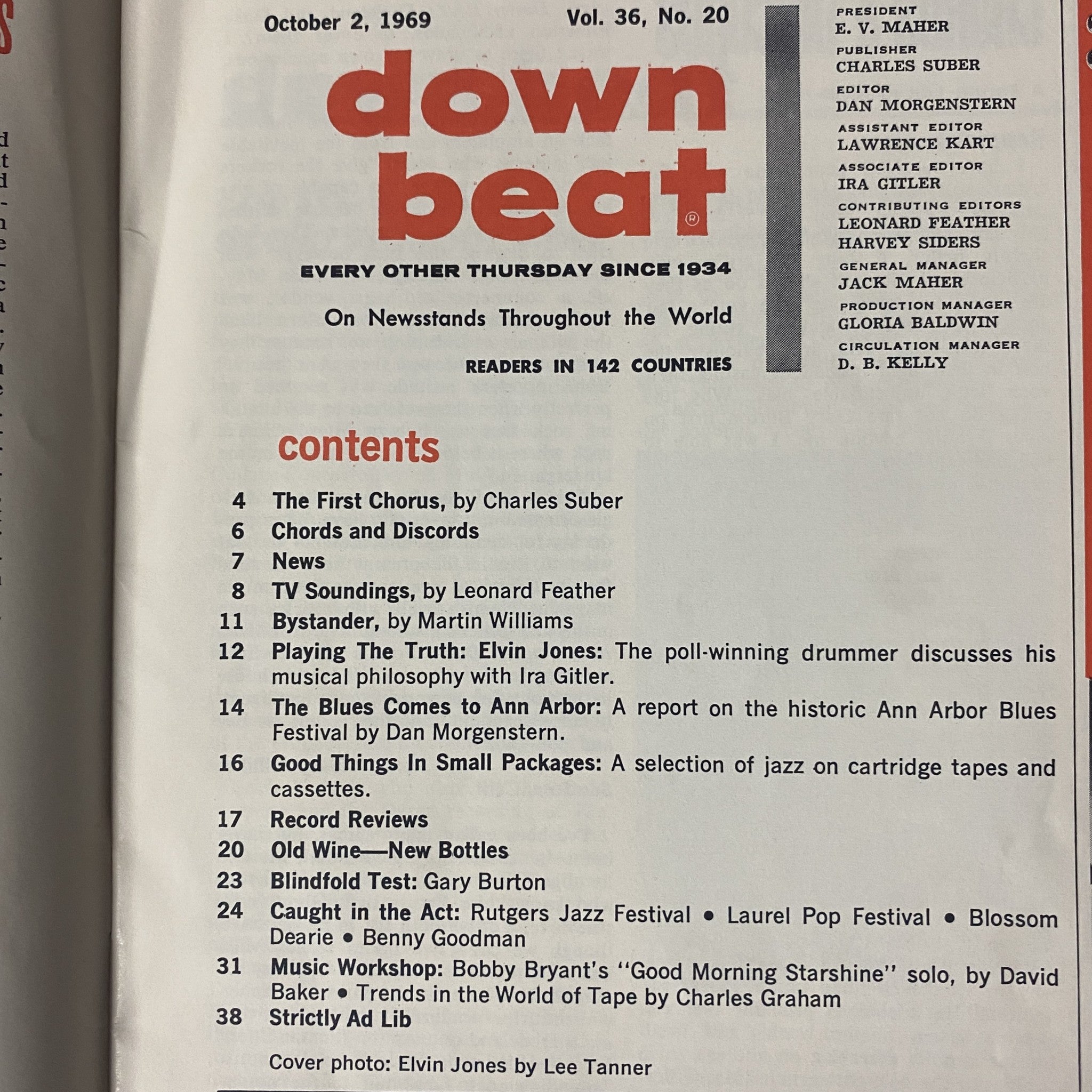 Cover of Down Beat Magazine, October 2, 1969, Vol. 36 No. 20 featuring drummer Elvin Jones. The cover includes a photograph by Lee Tanner and highlights contents such as an interview with Elvin Jones discussing his musical philosophy and coverage of the Ann Arbor Blues Festival.