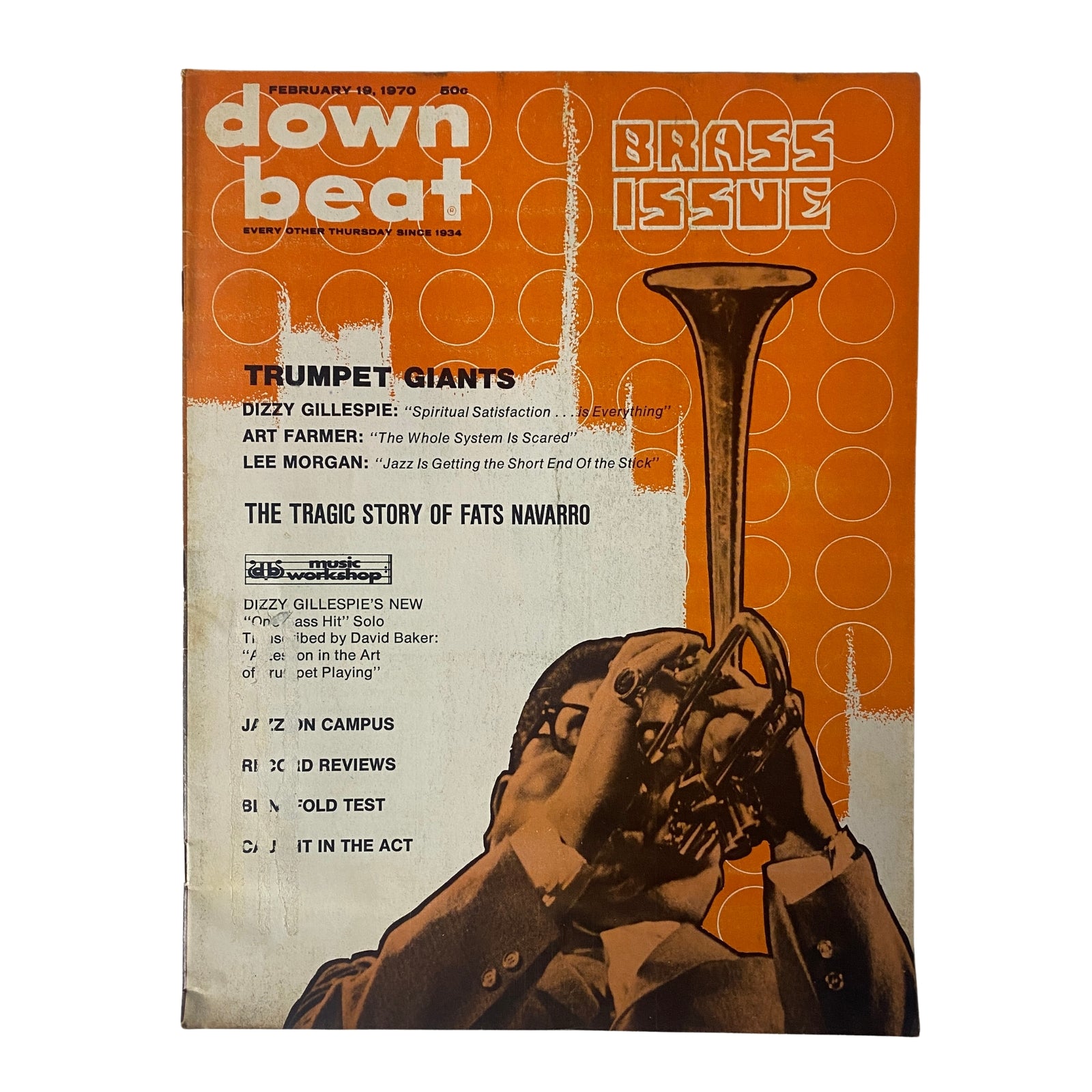 Down Beat Magazine February 19, 1970, Vol. 37, No. 4, featuring Dizzy Gillespie on the cover, highlighting trumpet giants like Lee Morgan and discussing the tragic story of Fats Navarro. Brass issue with vibrant orange design.