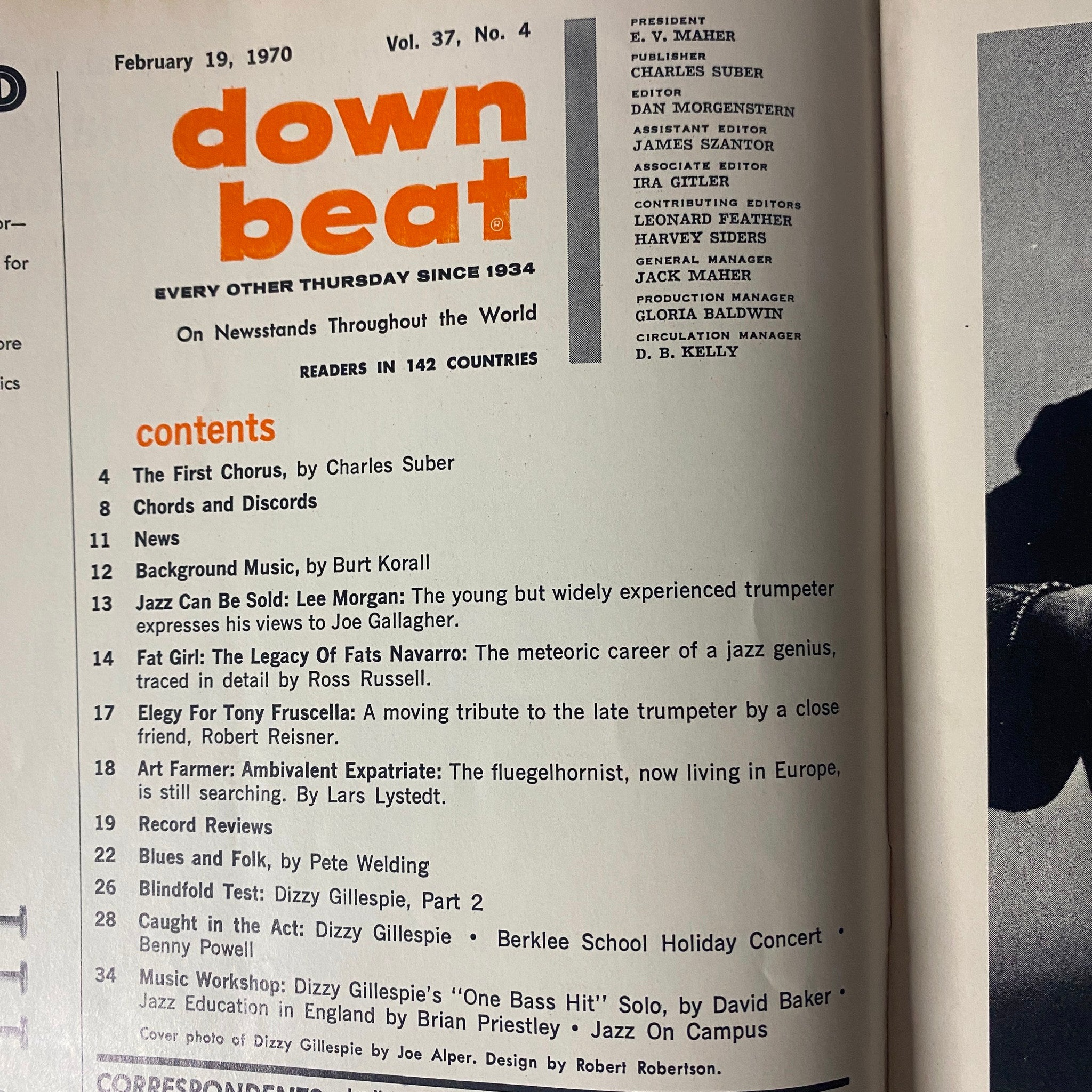 Inside page of Down Beat Magazine February 19, 1970, Vol. 37, No. 4, displaying the table of contents, including articles on Dizzy Gillespie and Lee Morgan, alongside contributions by Charles Suber and Burt Korall.