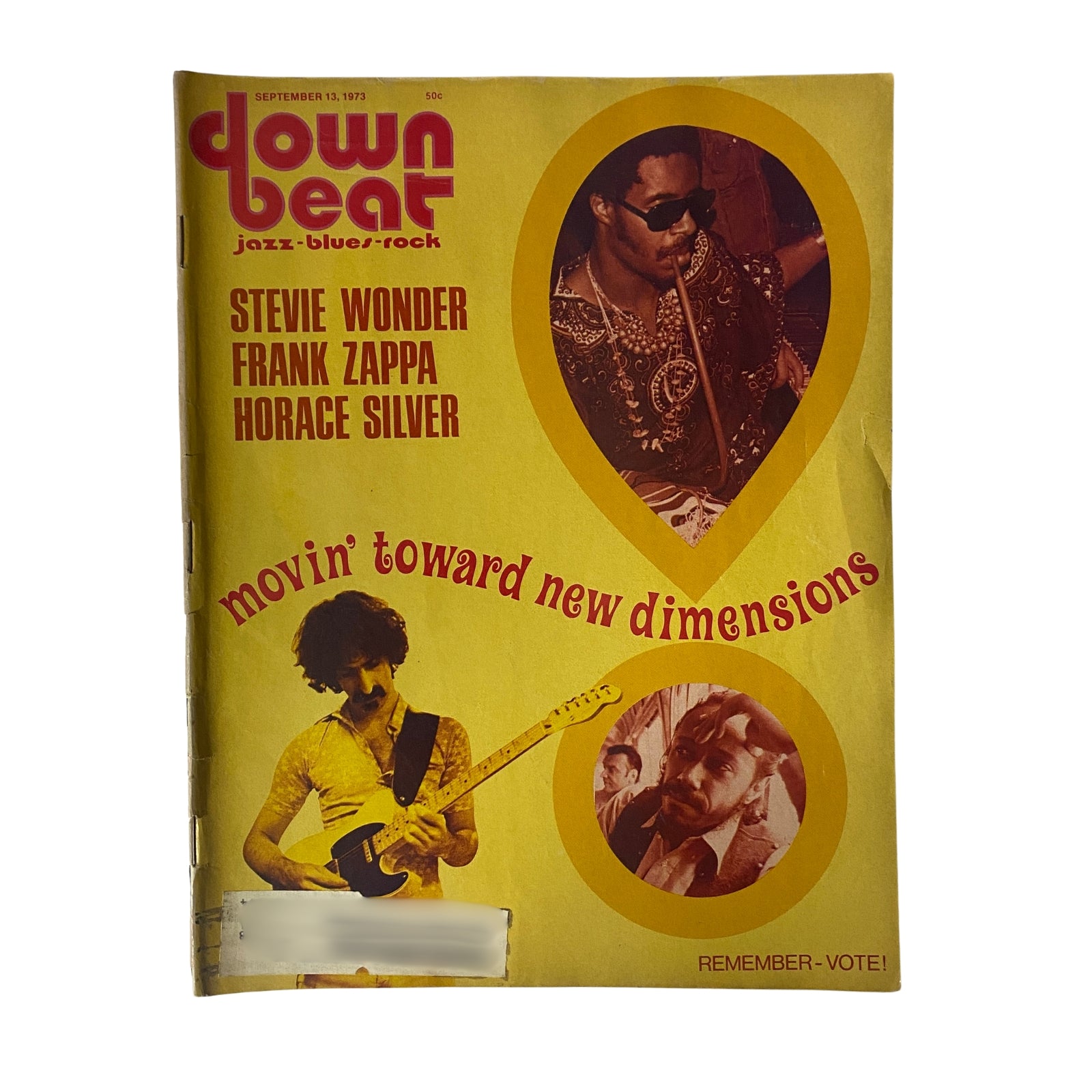 Cover of Down Beat Magazine, September 13, 1973, featuring Stevie Wonder, Frank Zappa, and Horace Silver, highlighting jazz, blues, and rock.